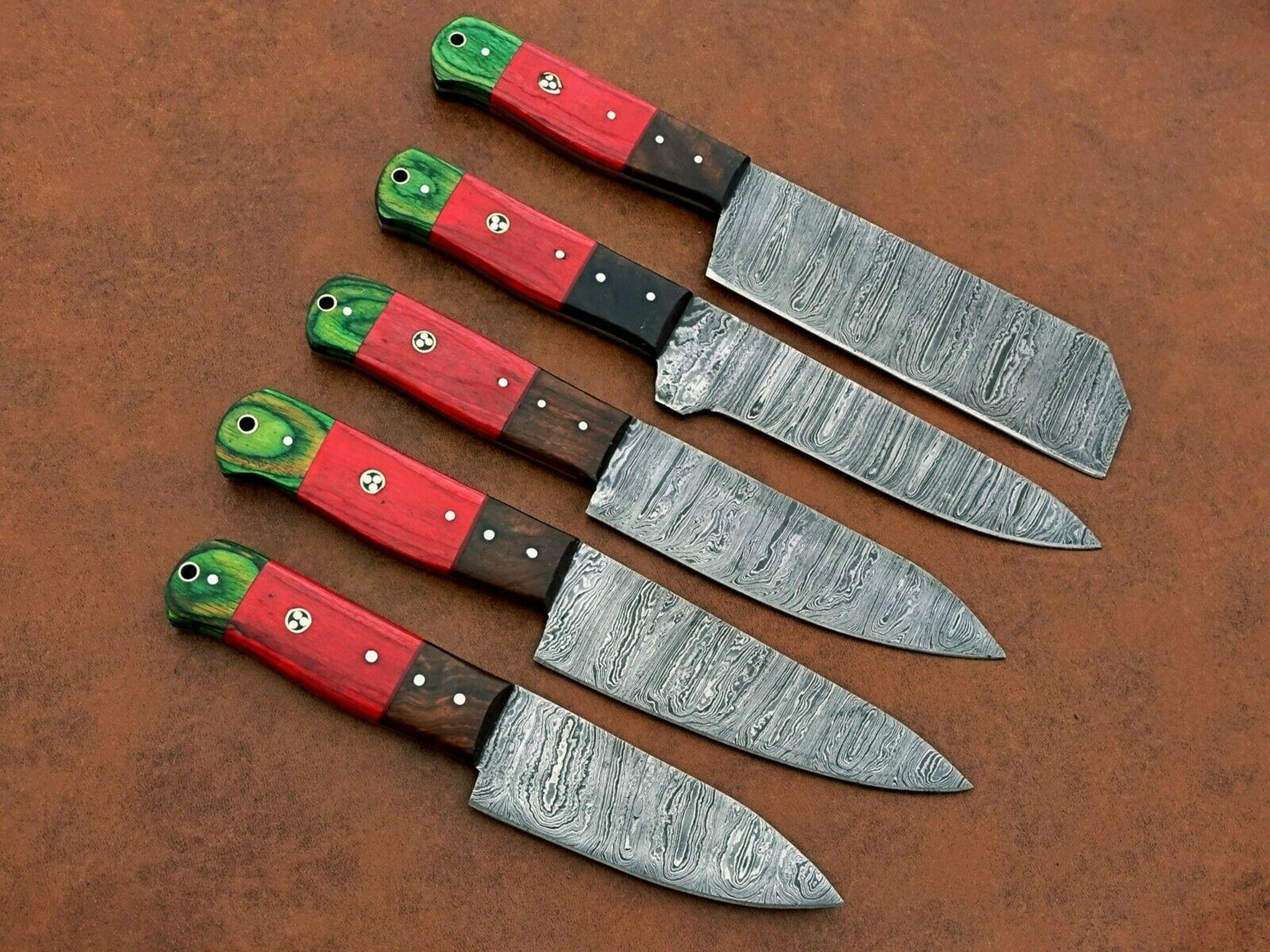 handmade damascus steel chef knife set of 5 | custom kitchen knives with wood handle | premium gift for her & him