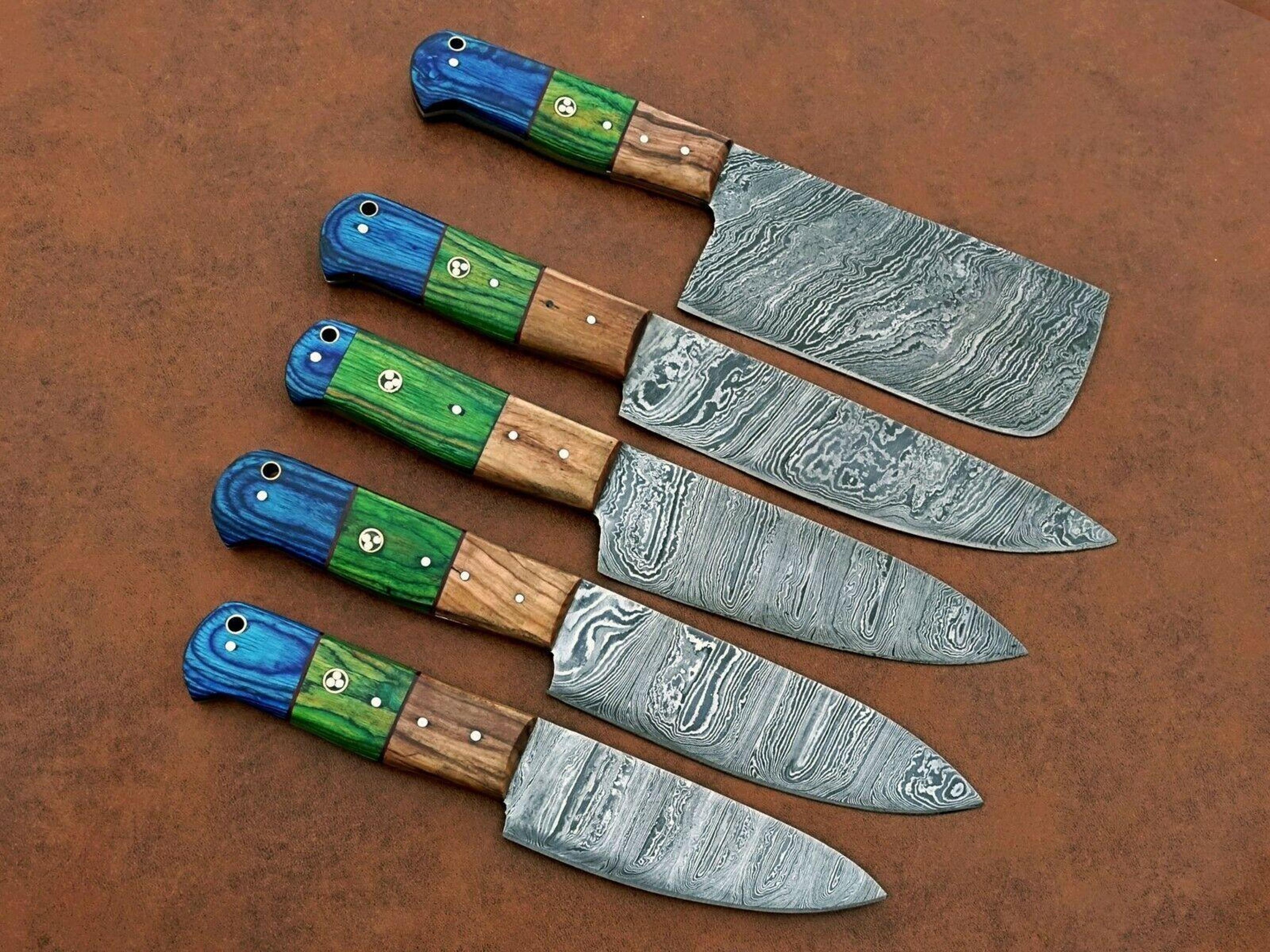 5 pcs forged damascus steel kitchen knife set | handmade chef knives with wood handles