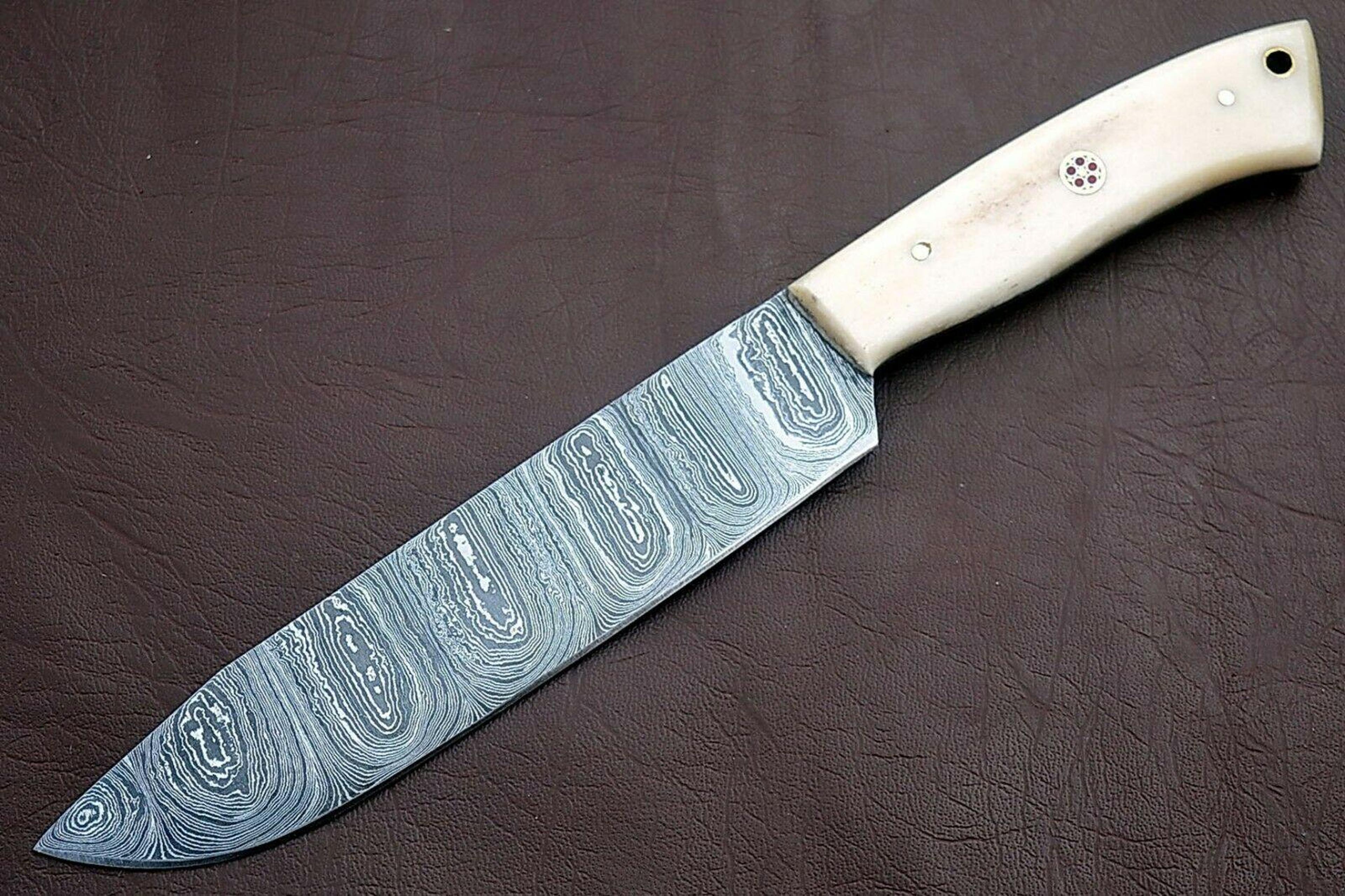 handmade full tang damascus chef knife with white bone handle | custom kitchen knife