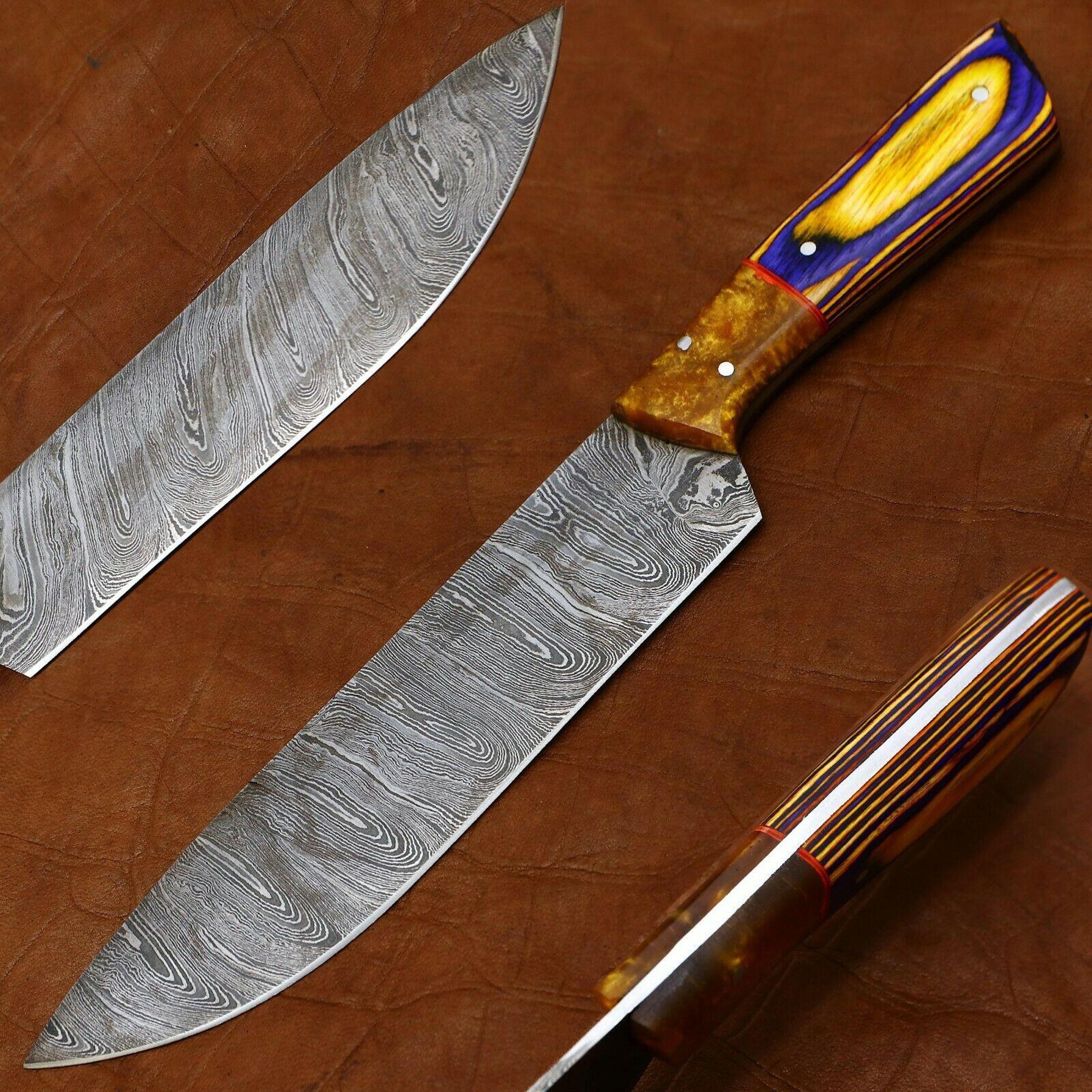 handmade damascus cooking knife | full tang blade with pakka wood grip