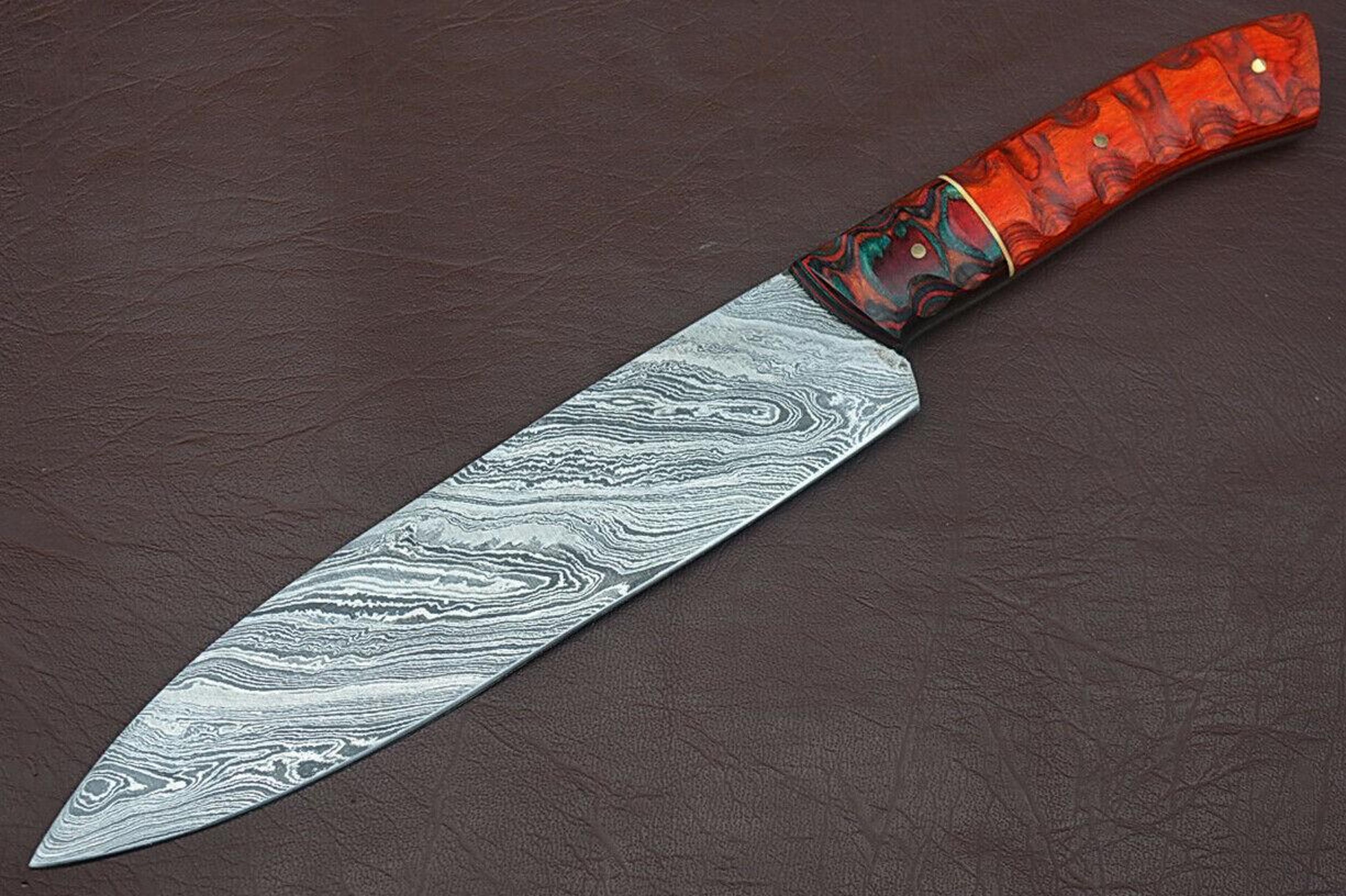 handmade 12" damascus steel chef knife with groov dollar wood handle