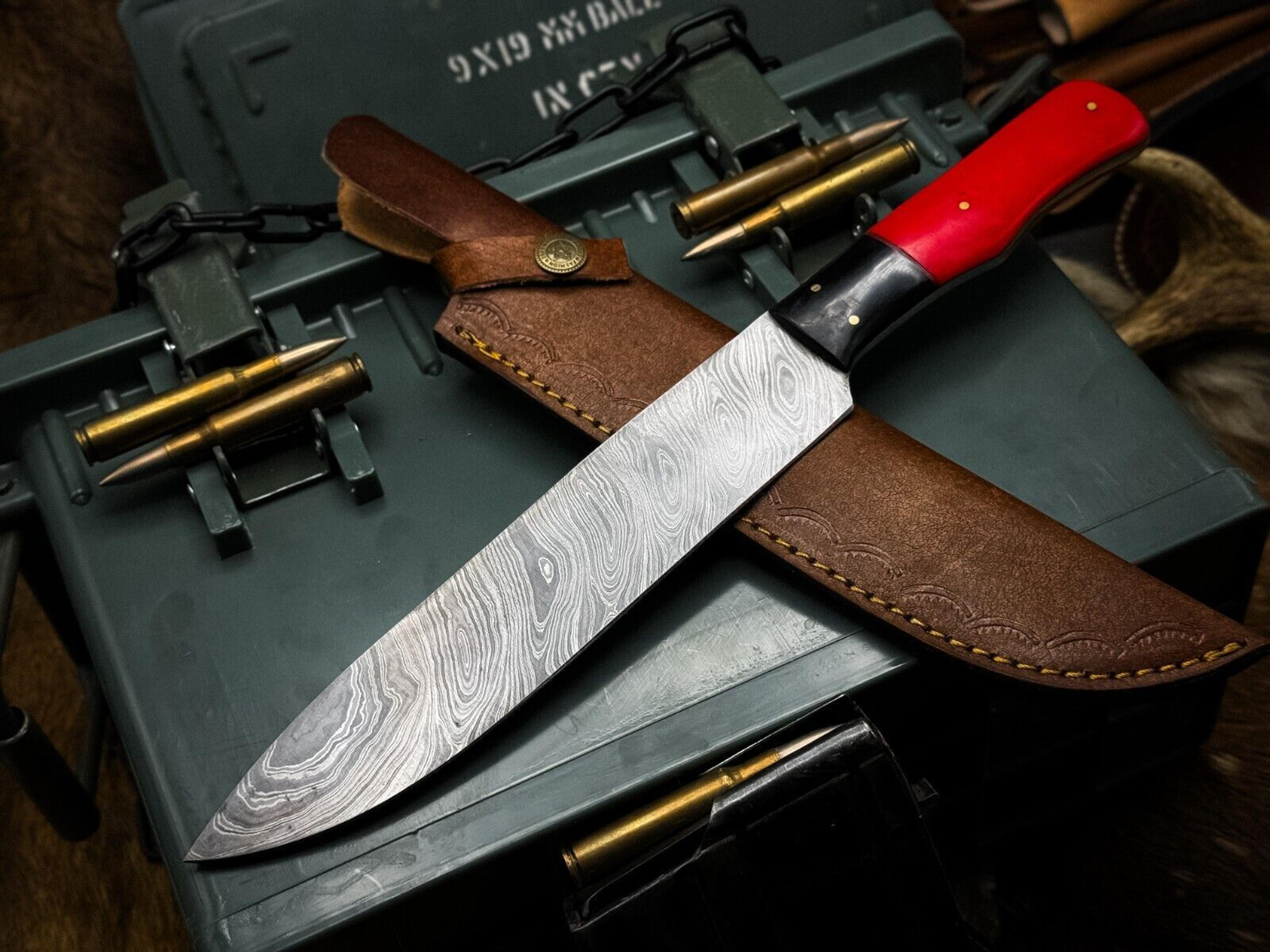 handmade damascus steel kitchen chef knife with resin handle & leather sheath – premium cutting