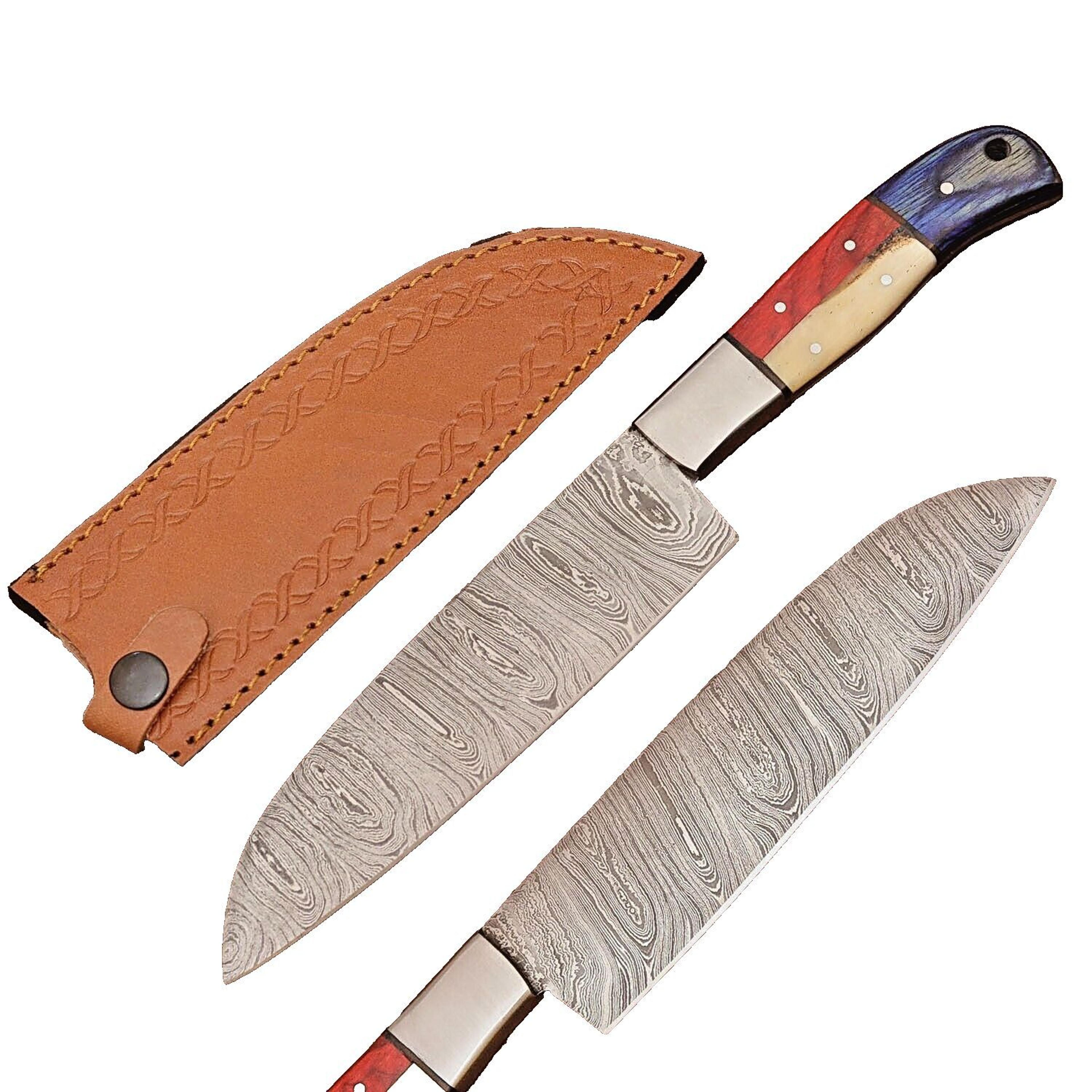 custom handmade damascus steel kitchen chef knife with bone handle & leather sheath – premium full tang fillet knife