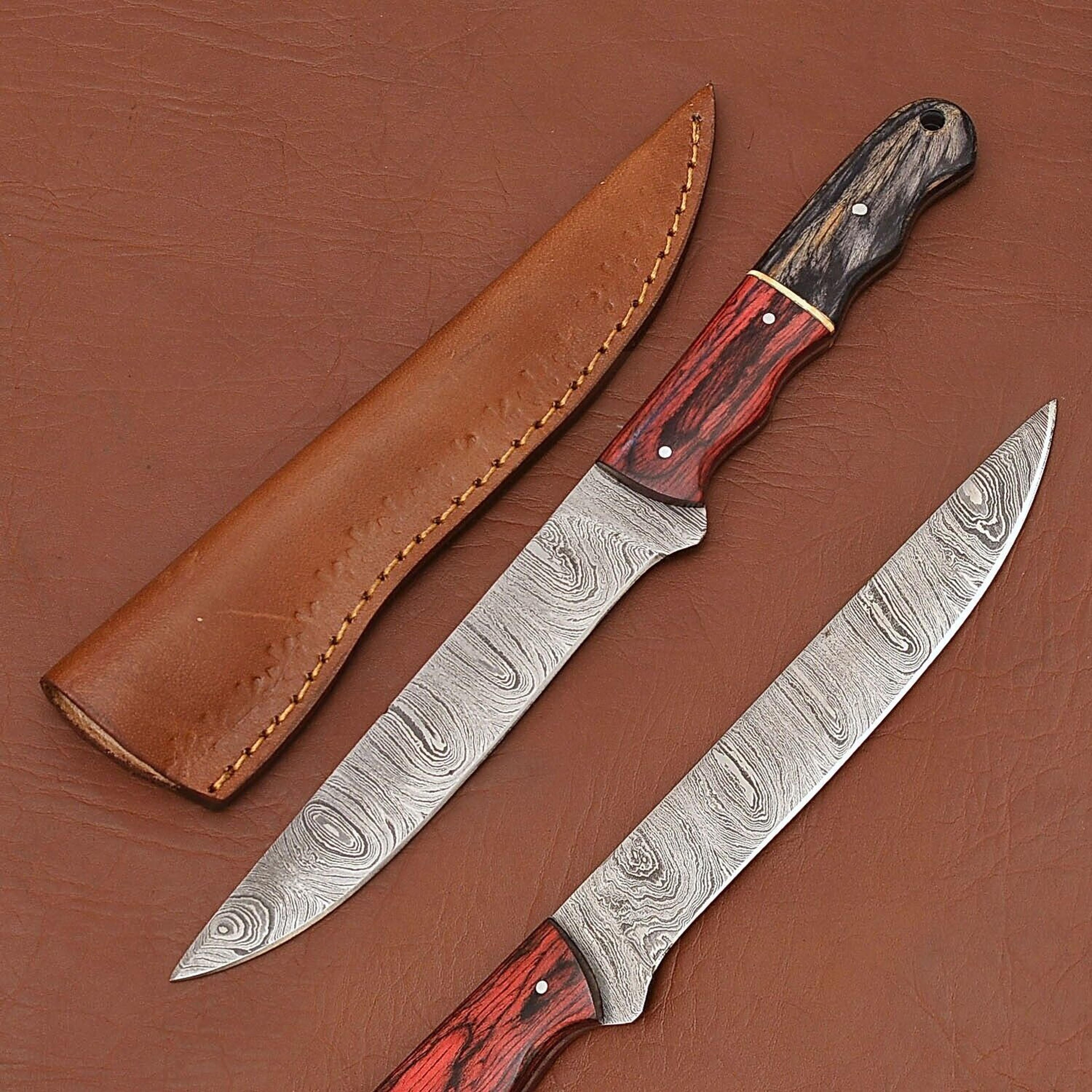 custom handmade damascus steel chef kitchen knife with wooden handle & leather sheath – 12" full tang