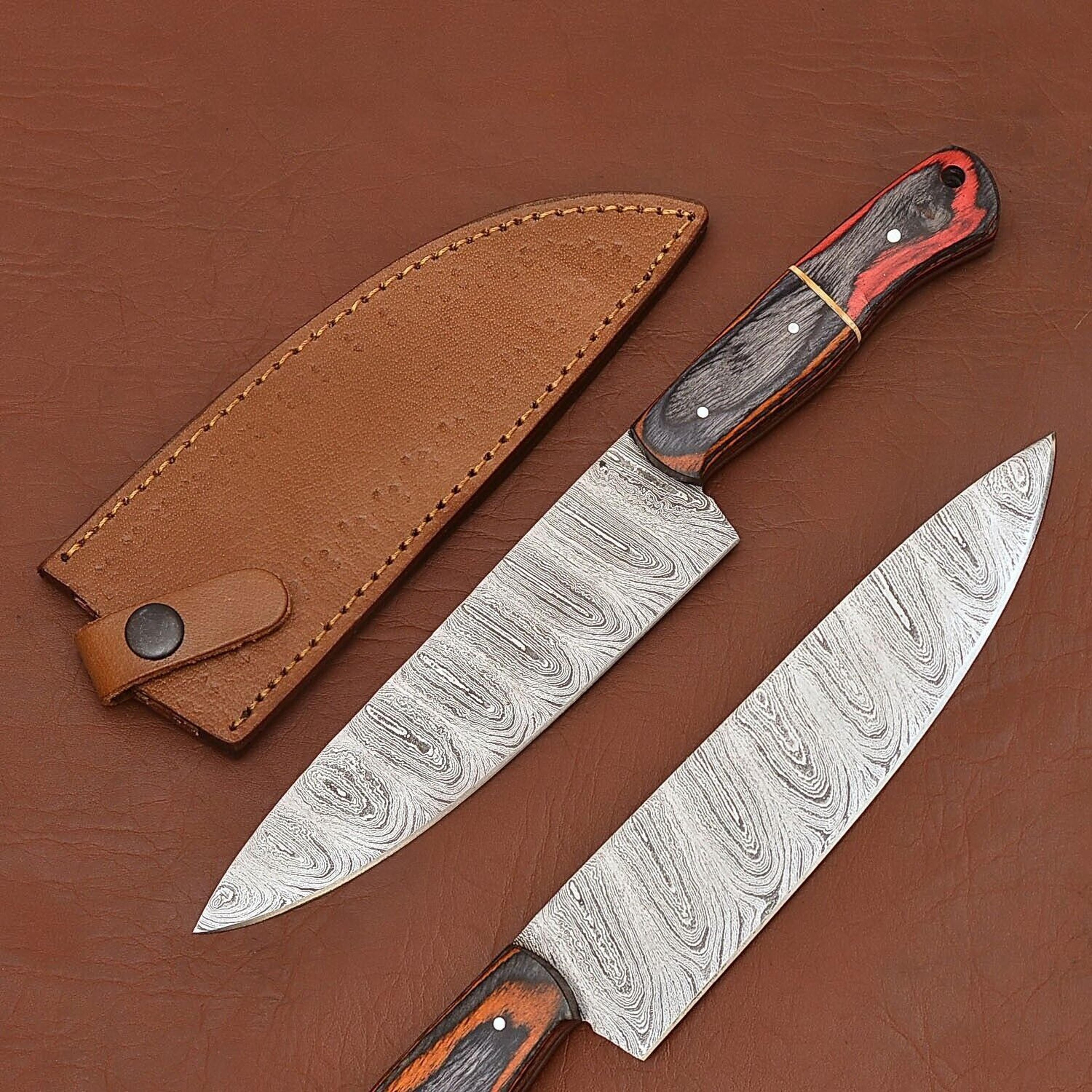 custom made damascus chef knife – wooden handle with leather sheath