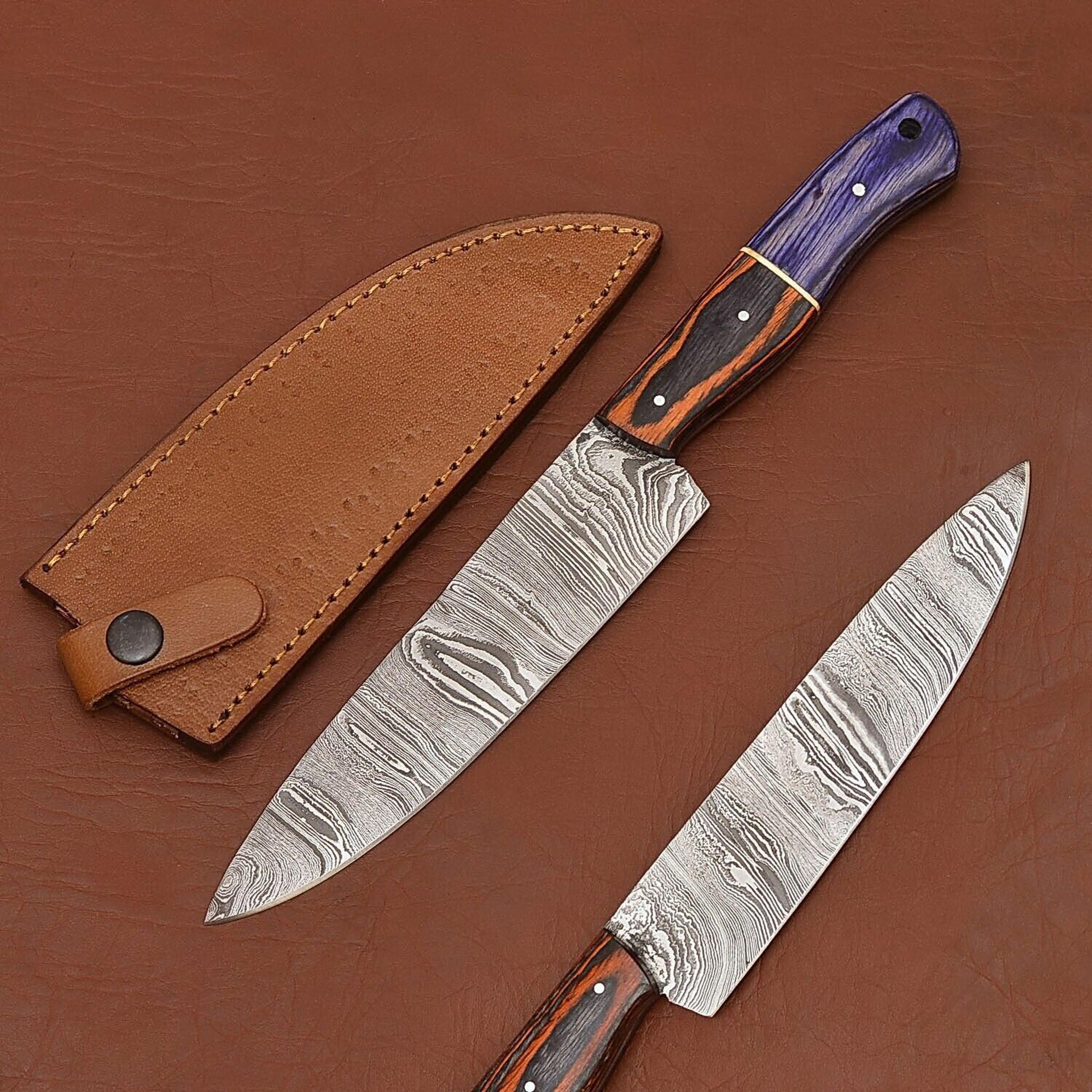 custom handmade damascus steel chef kitchen knife with wooden handle & leather sheath – 12" full tang hunting