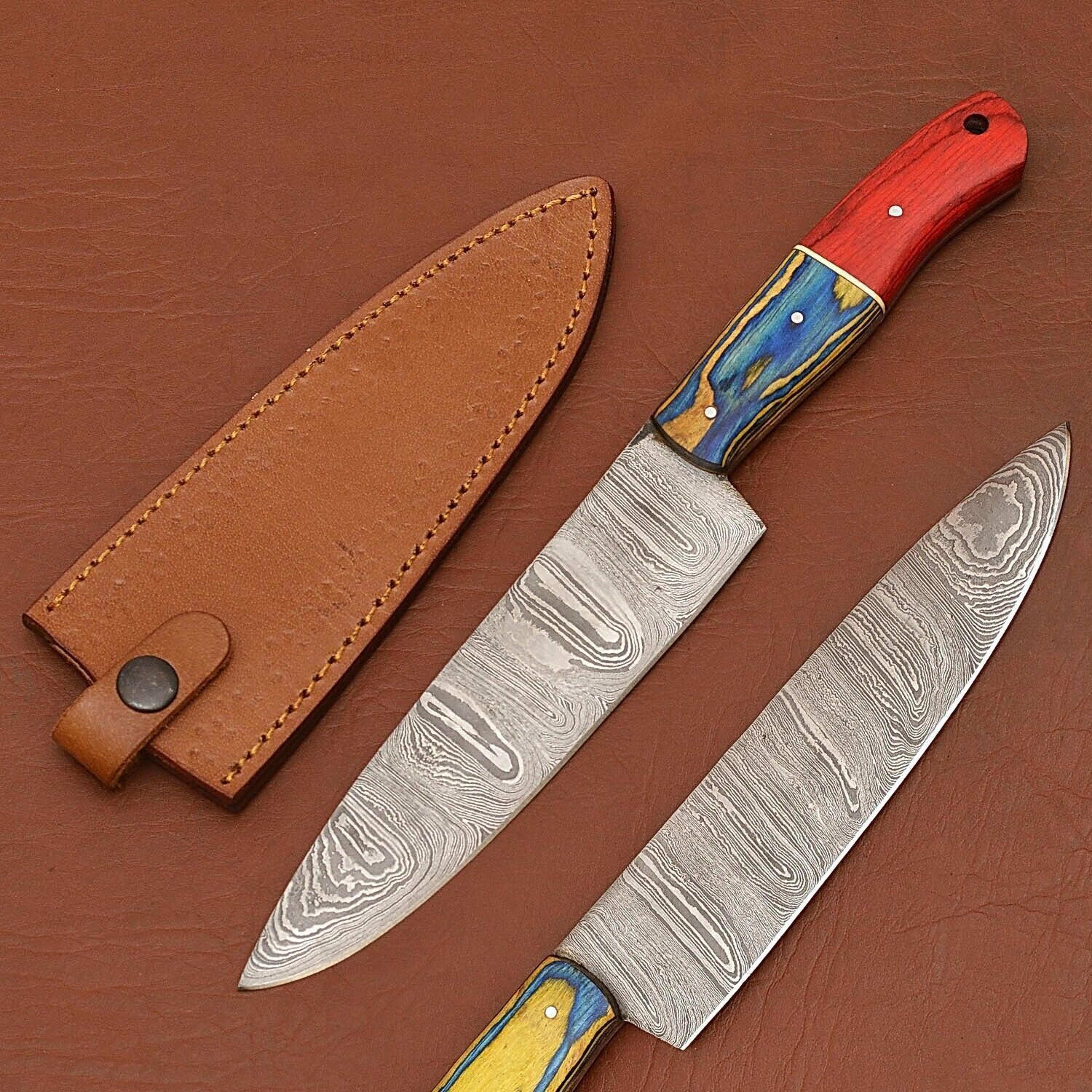 premium damascus steel chef knife – handmade with wood handle & leather case