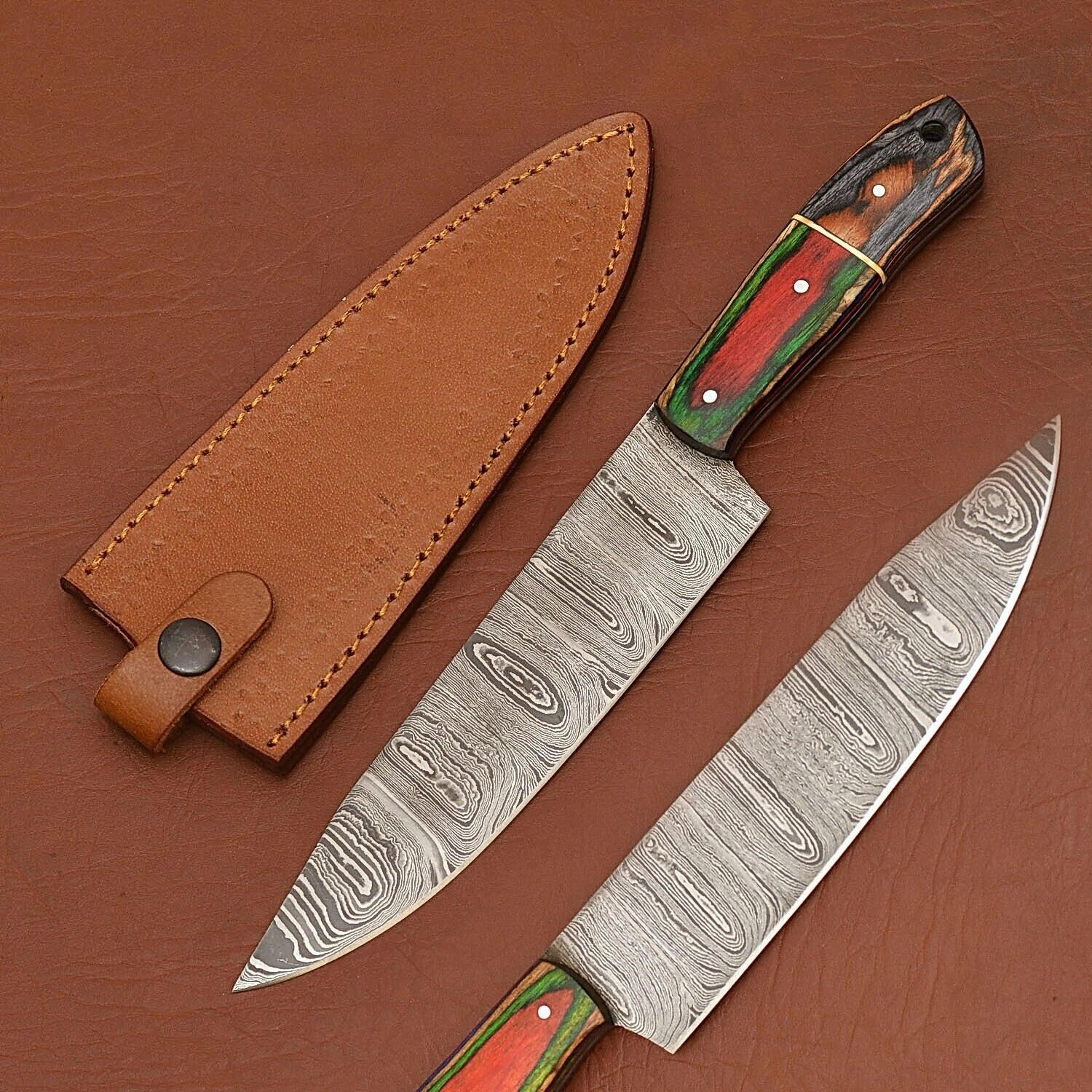 artisan forged damascus kitchen knife – sharp 7 inch blade with wooden handle