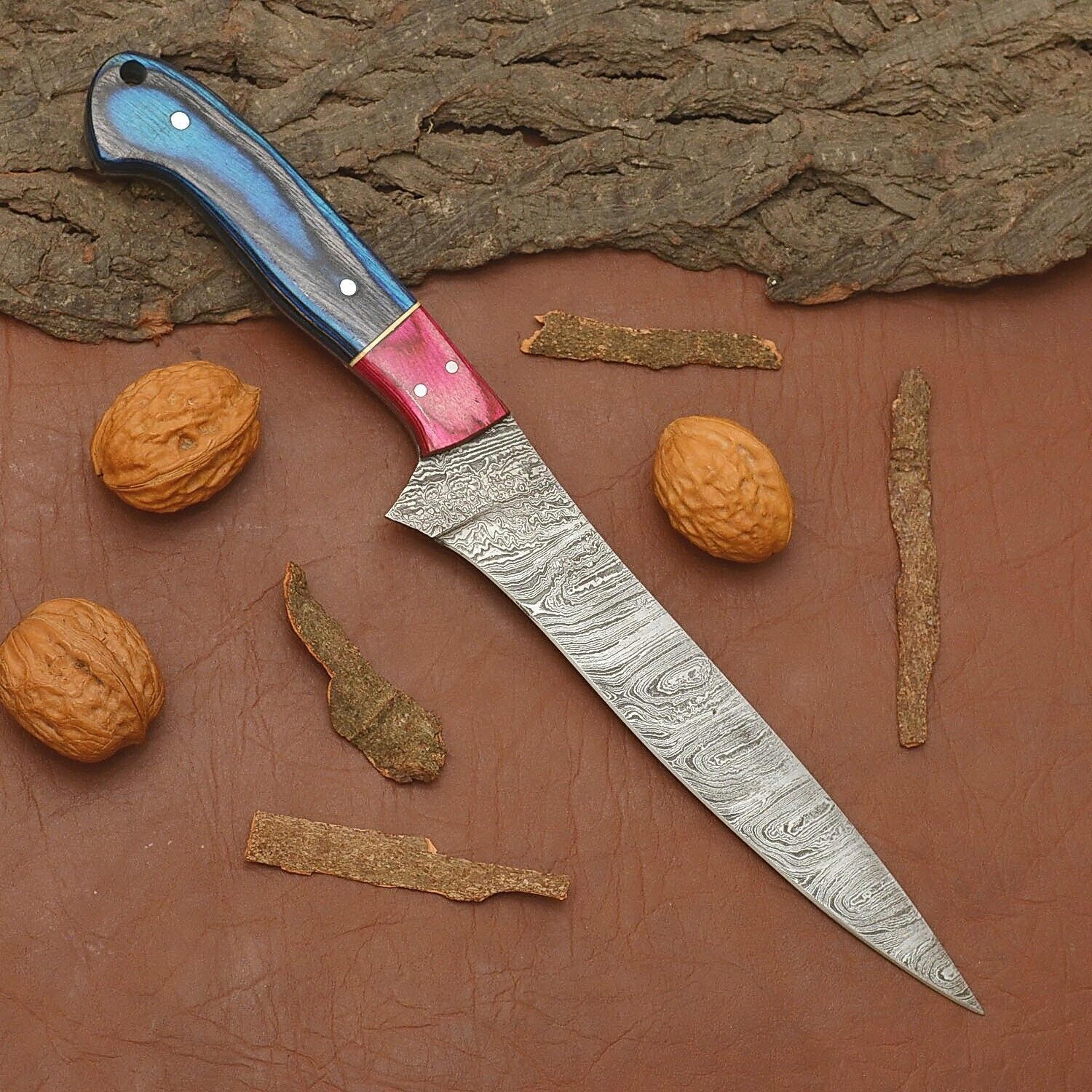 luxury handmade damascus chef knife – full tang blade with leather sheath