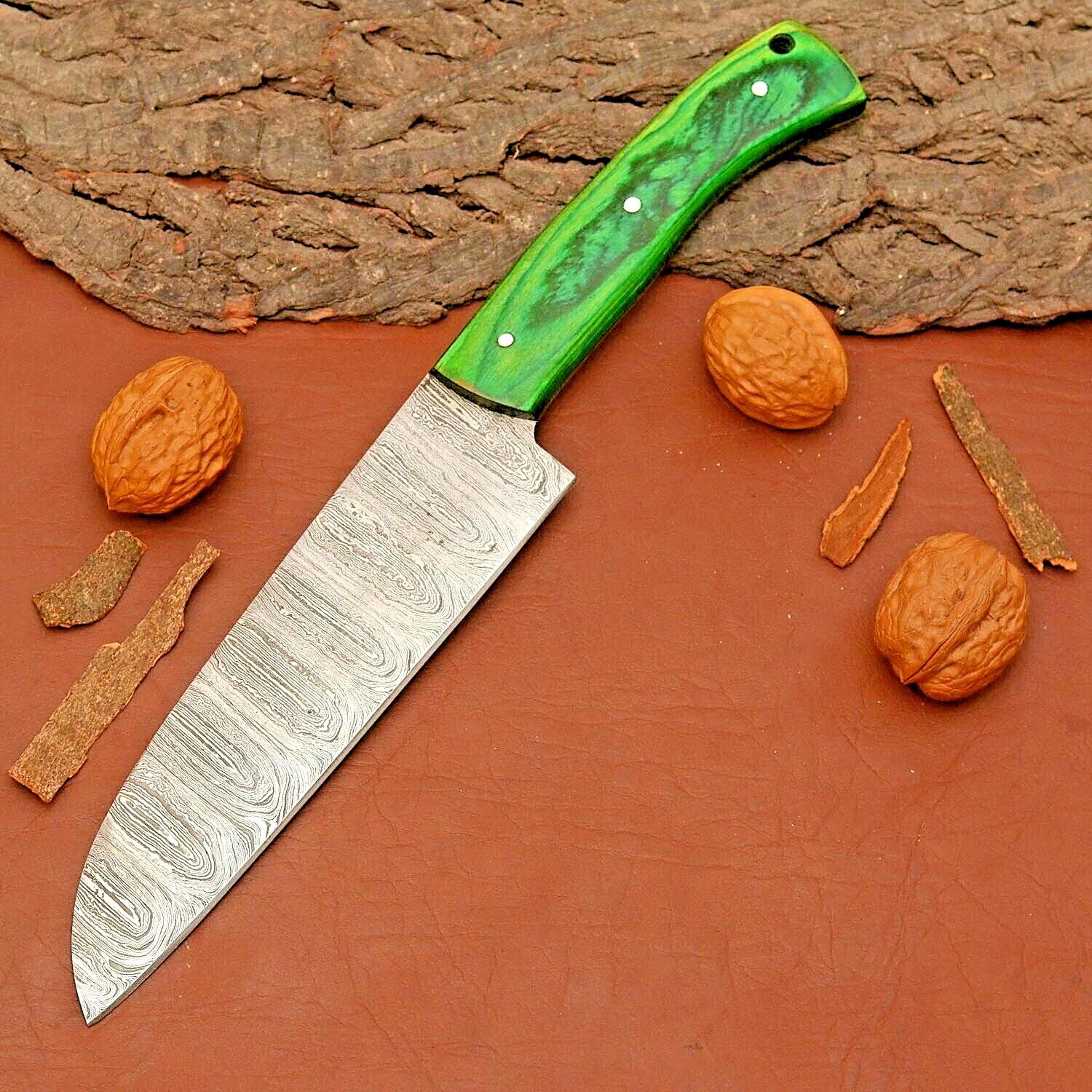 custom made damascus chef knife – sharp kitchen blade with wooden grip