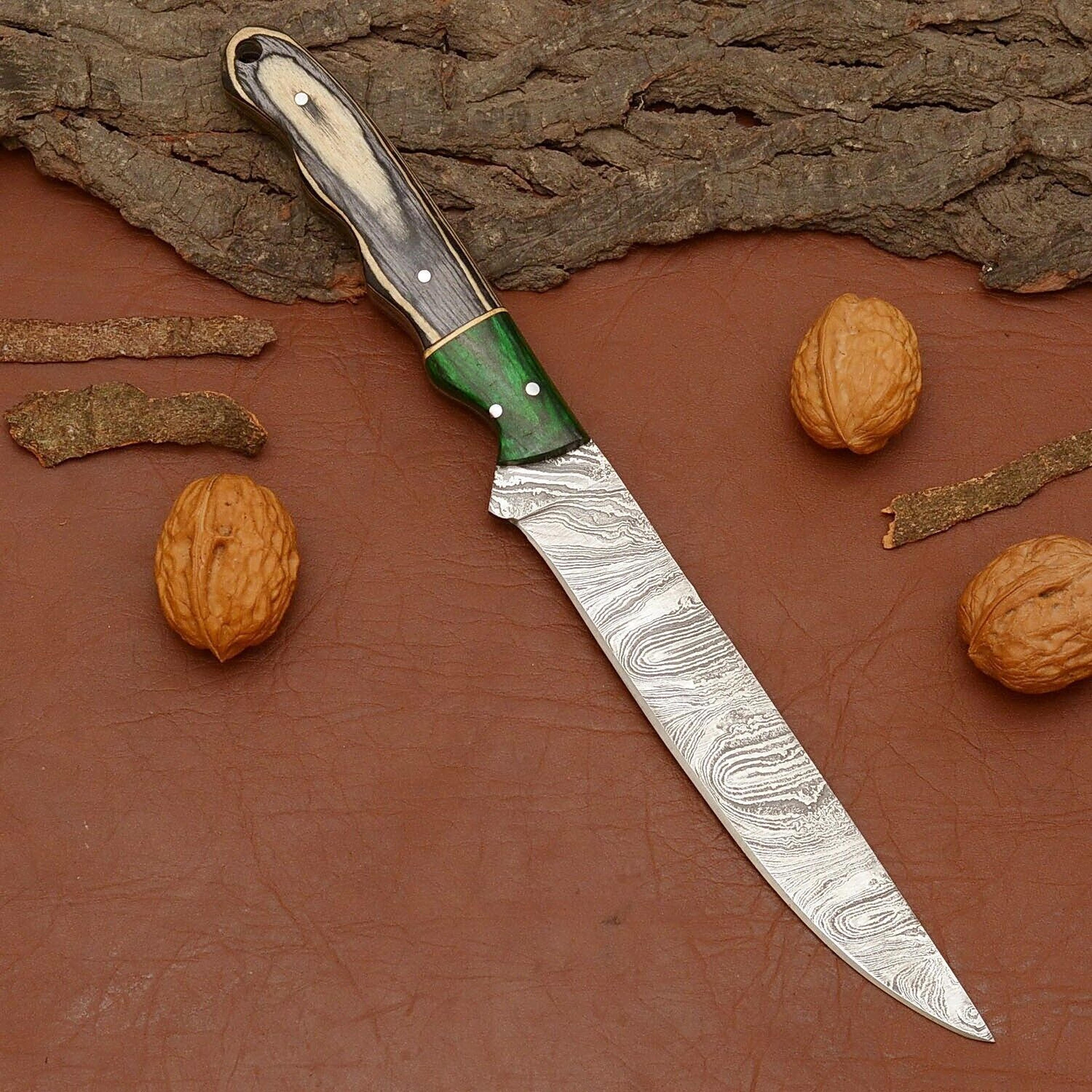 heritage series handmade damascus steel chef knife – wood grip & leather sheath
