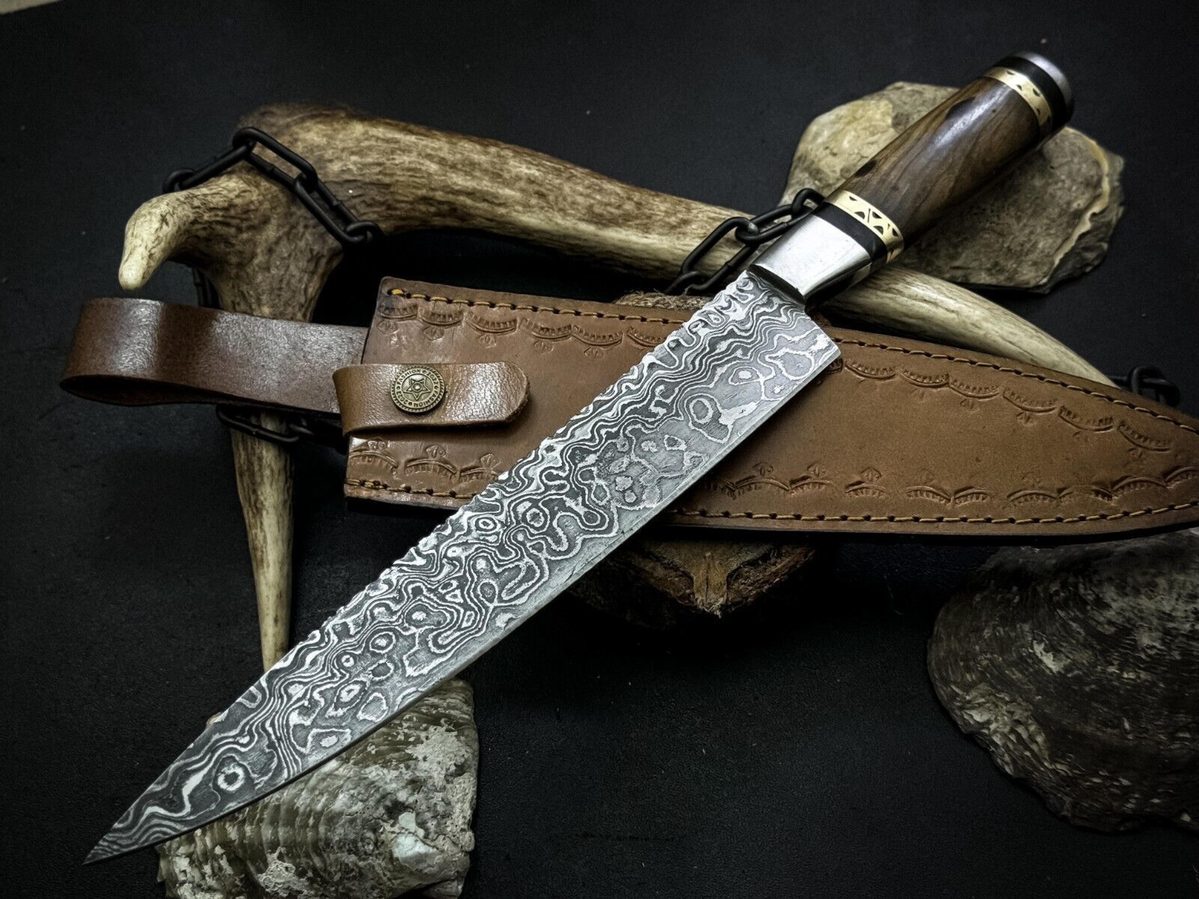 handmade damascus steel chef knife with wood handle and leather sheath