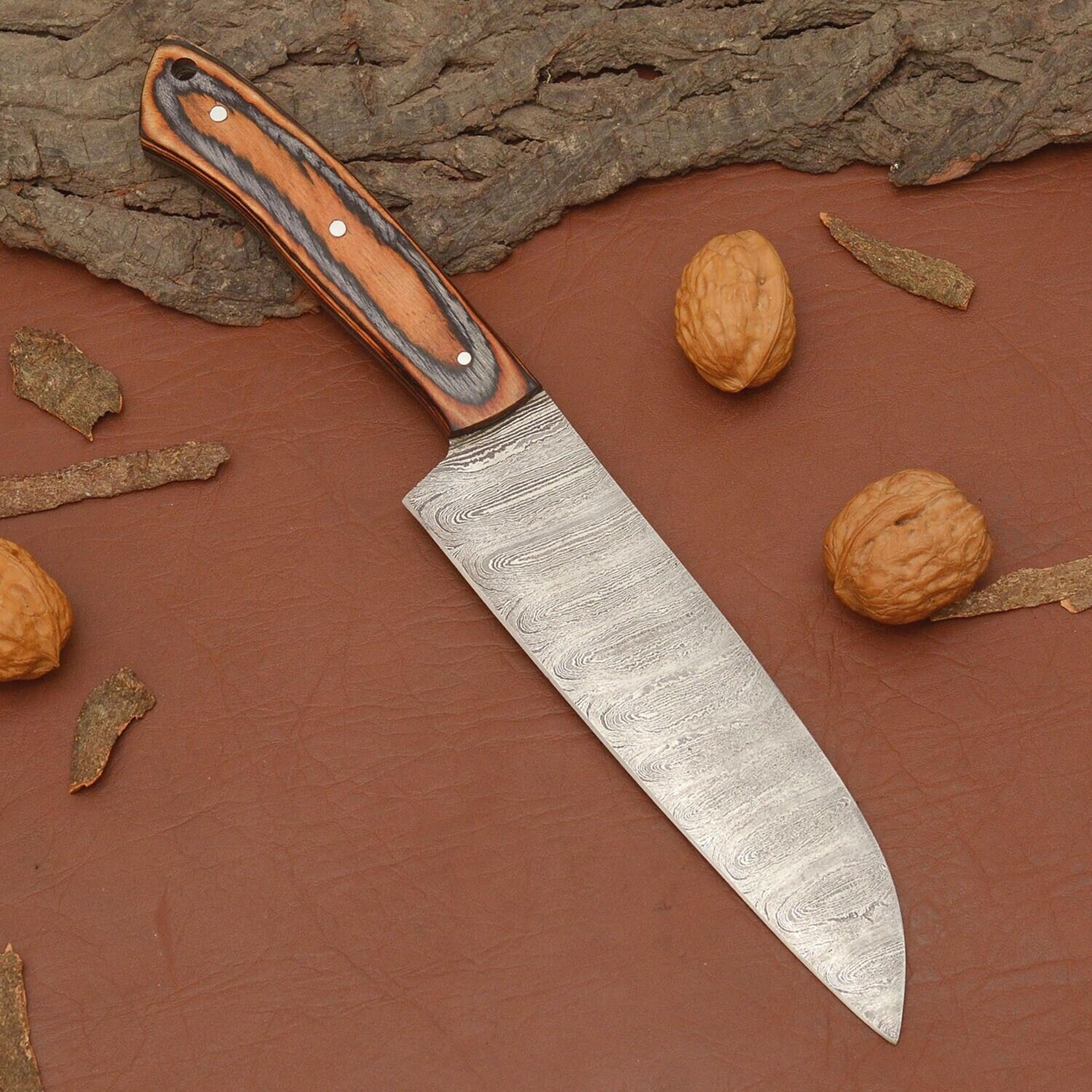 handmade damascus steel chef knife – 7" kitchen knife with wooden handle & leather sheath