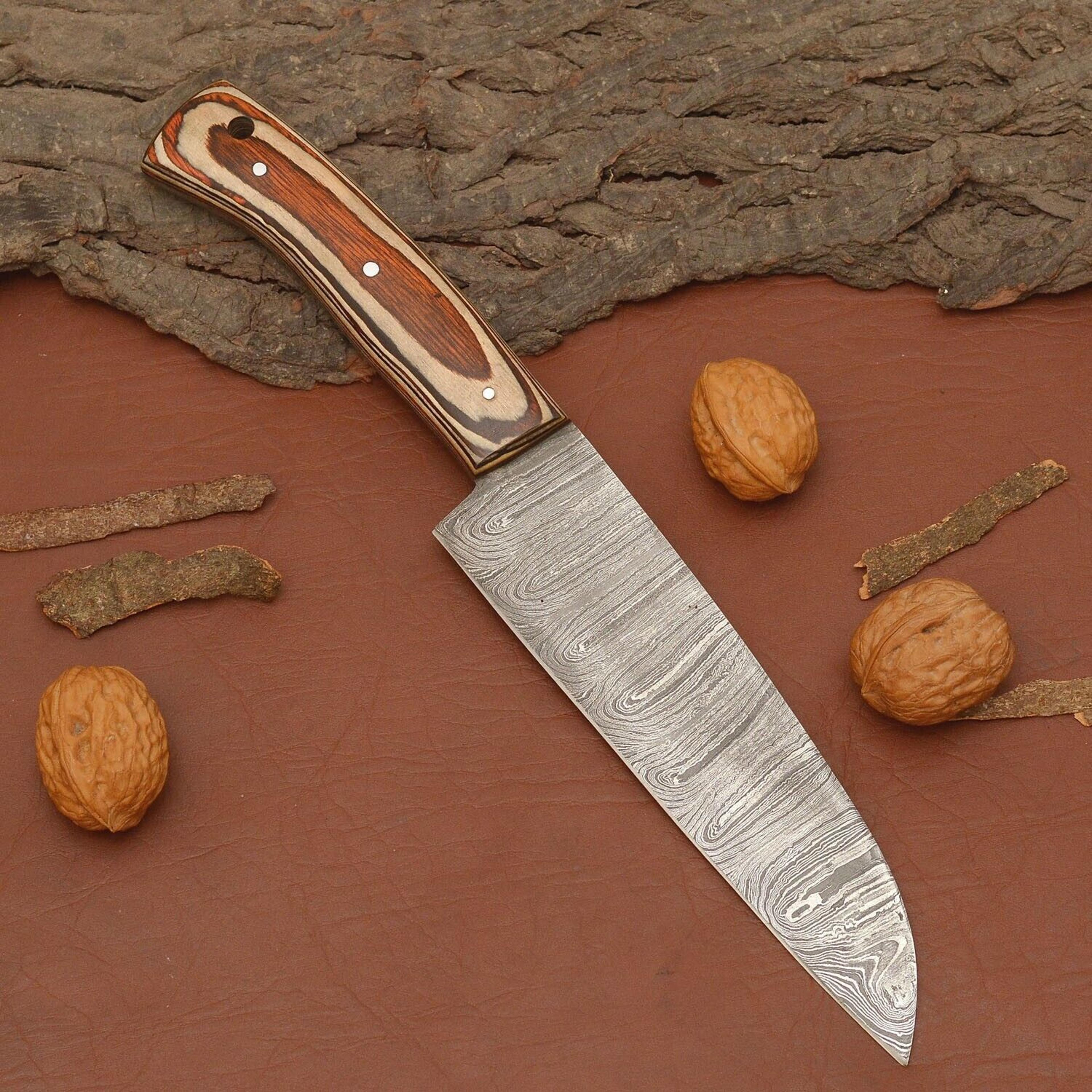 damascus steel kitchen knife – wood handle chef knife for cooking & outdoor use