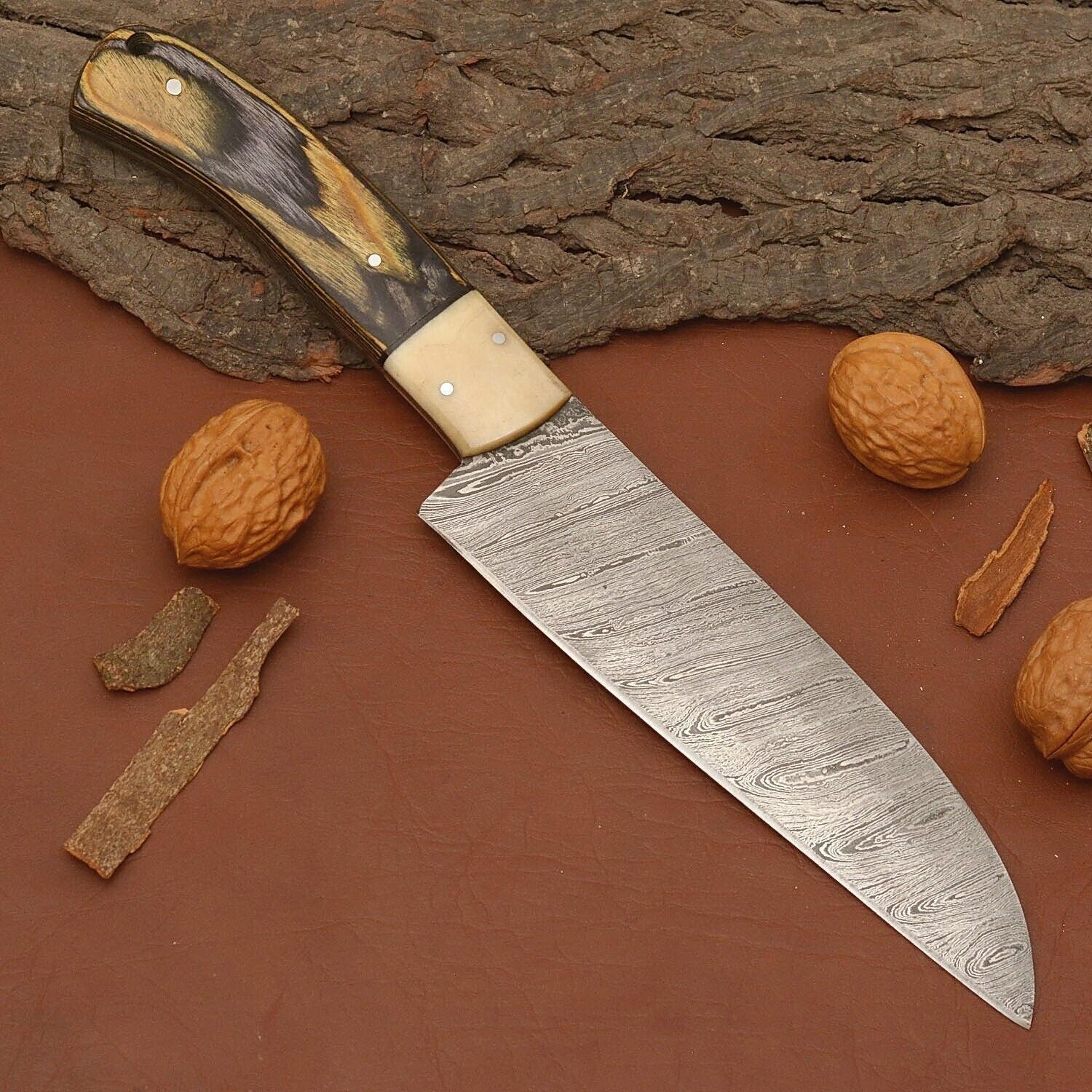 handmade damascus chef knife 12" – sharp kitchen knife with wooden grip & sheath