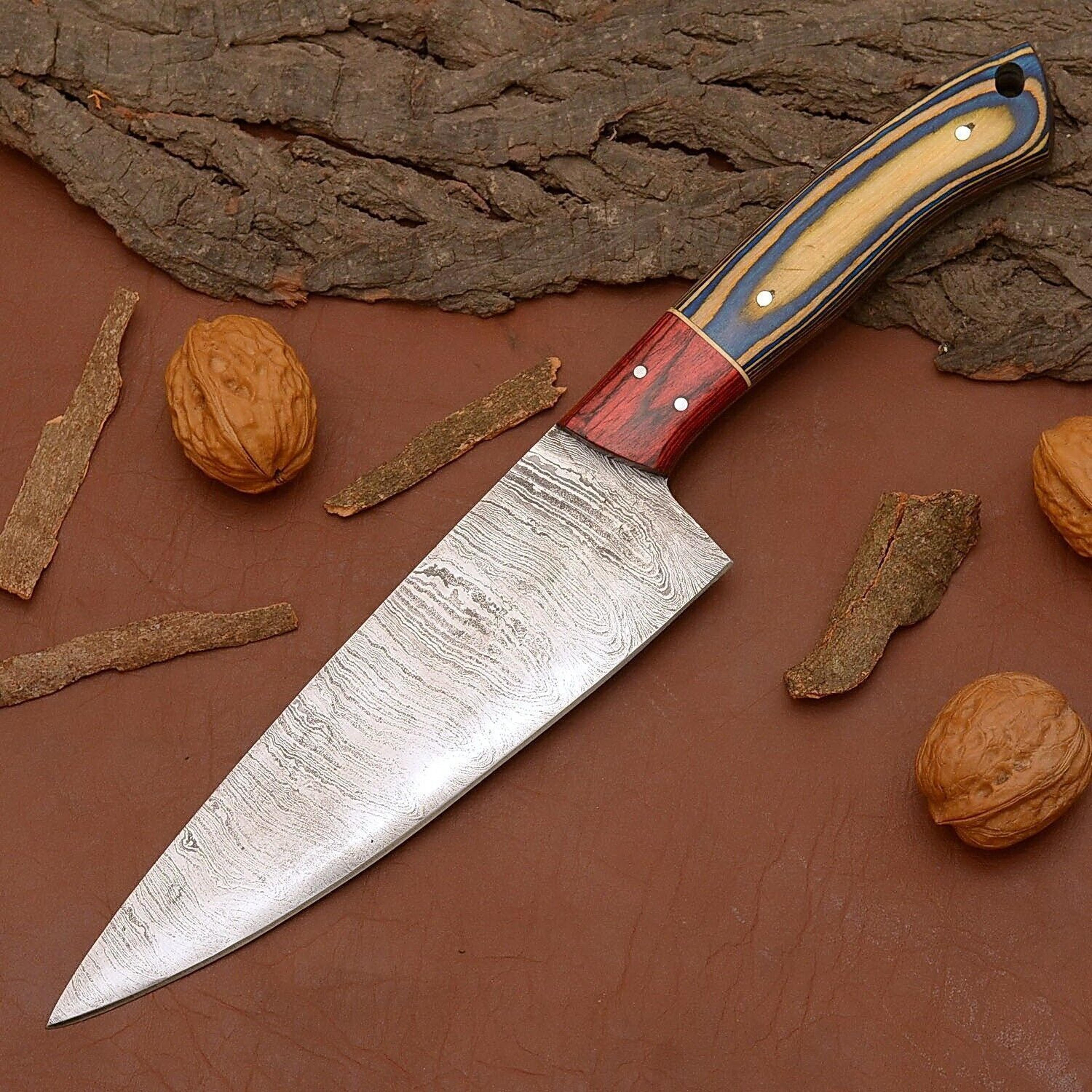 hand-forged damascus kitchen knife – 7 inch blade with elegant wood handle