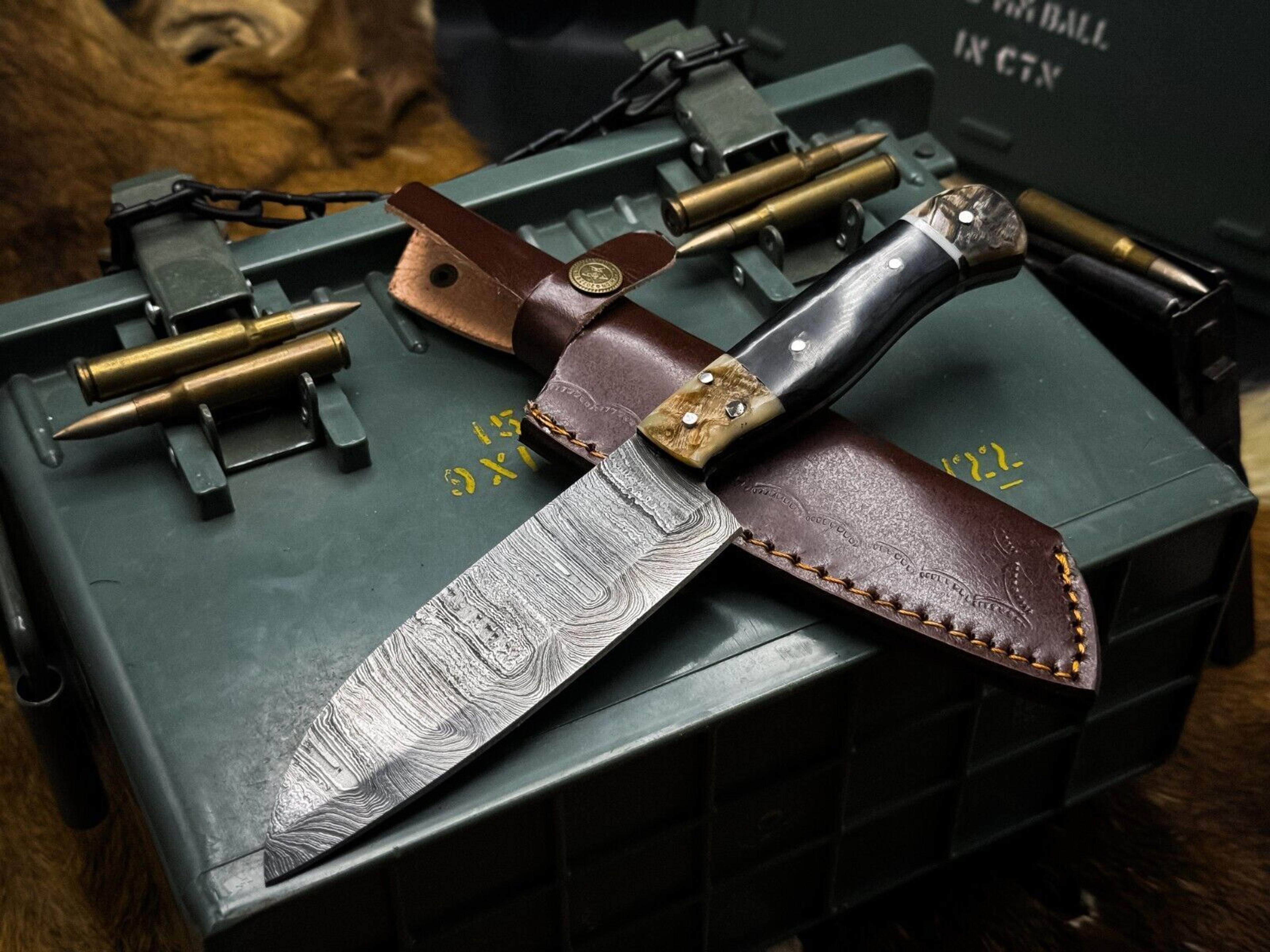 artisan damascus steel knife – custom made chef knife with leather sheath
