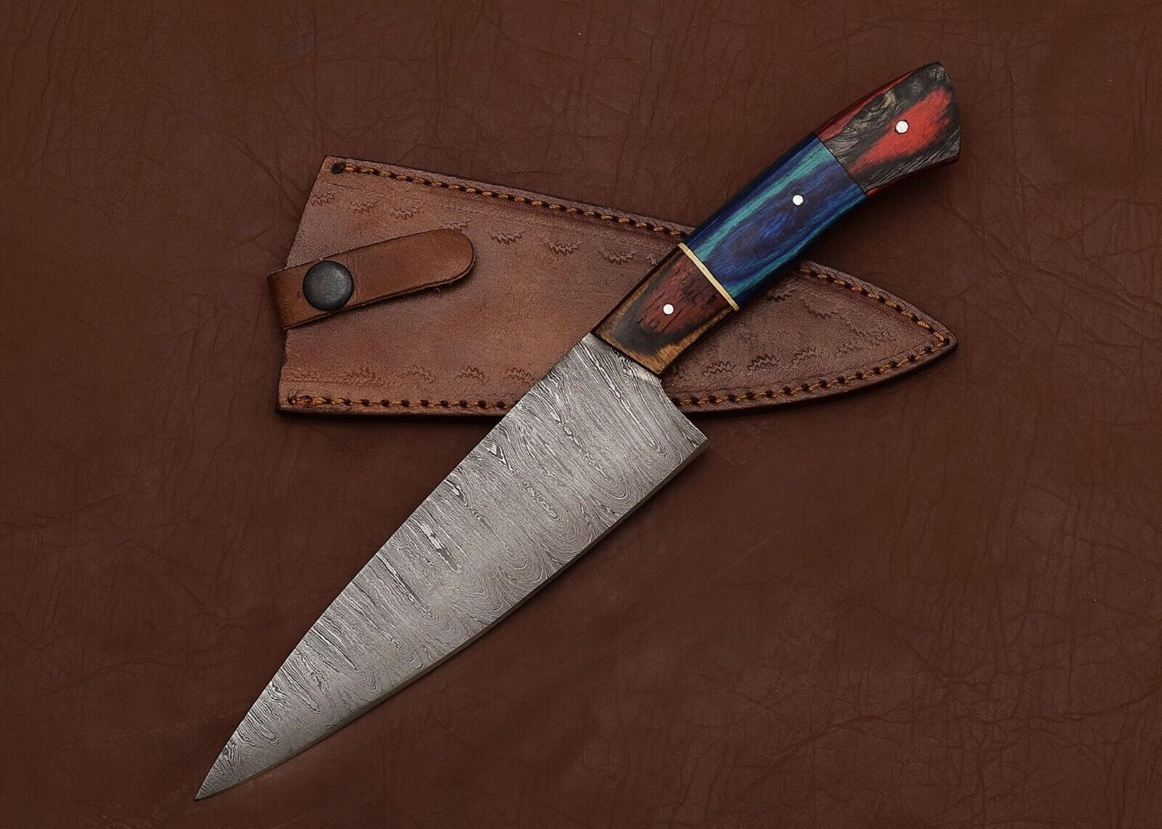 sharp handmade damascus steel chef knife – 7" blade with premium leather sheath