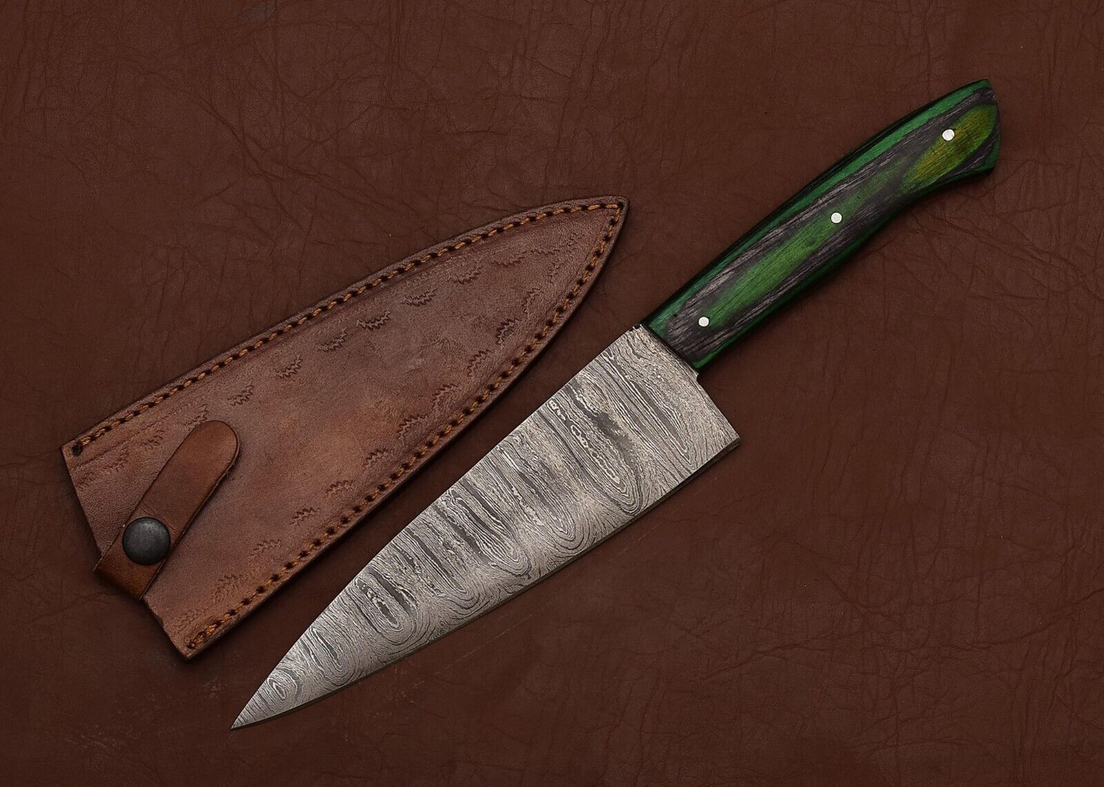 custom handmade damascus steel chef knife – 7" kitchen knife with wooden handle & leather sheath