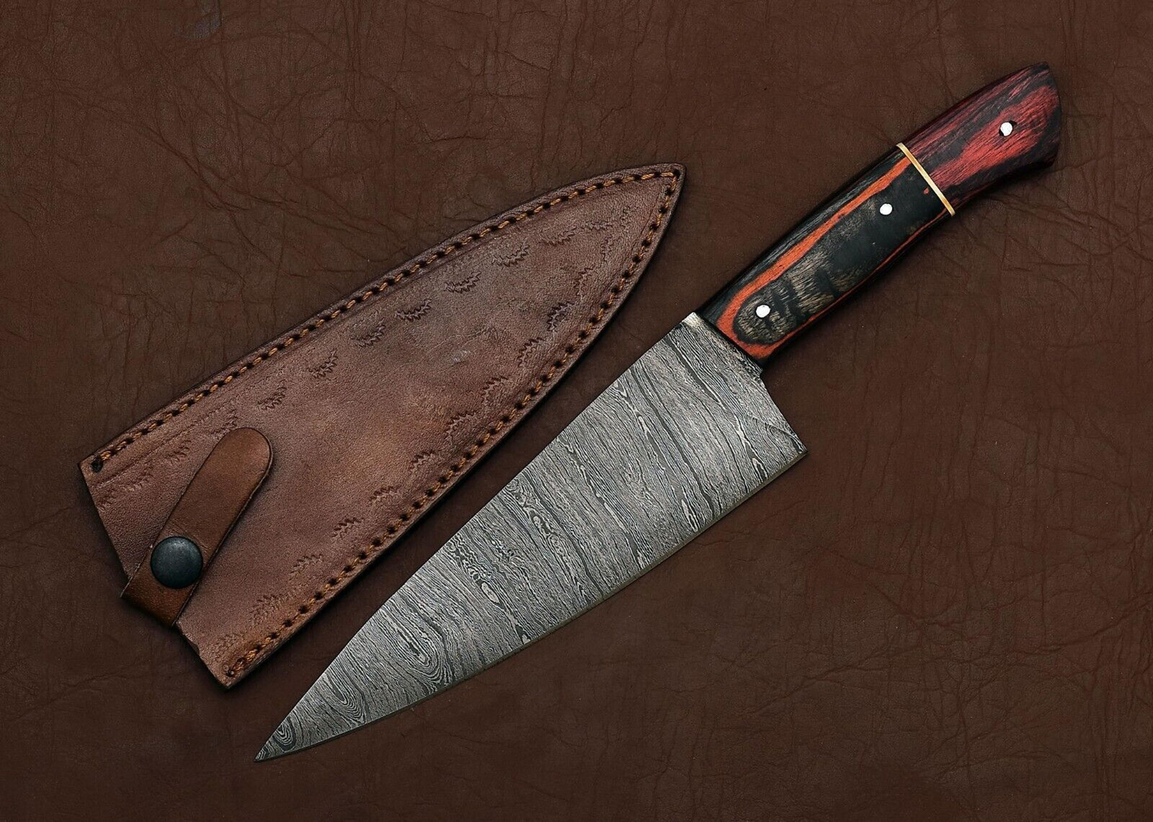 premium handmade damascus steel kitchen knife – 12" chef knife with leather sheath
