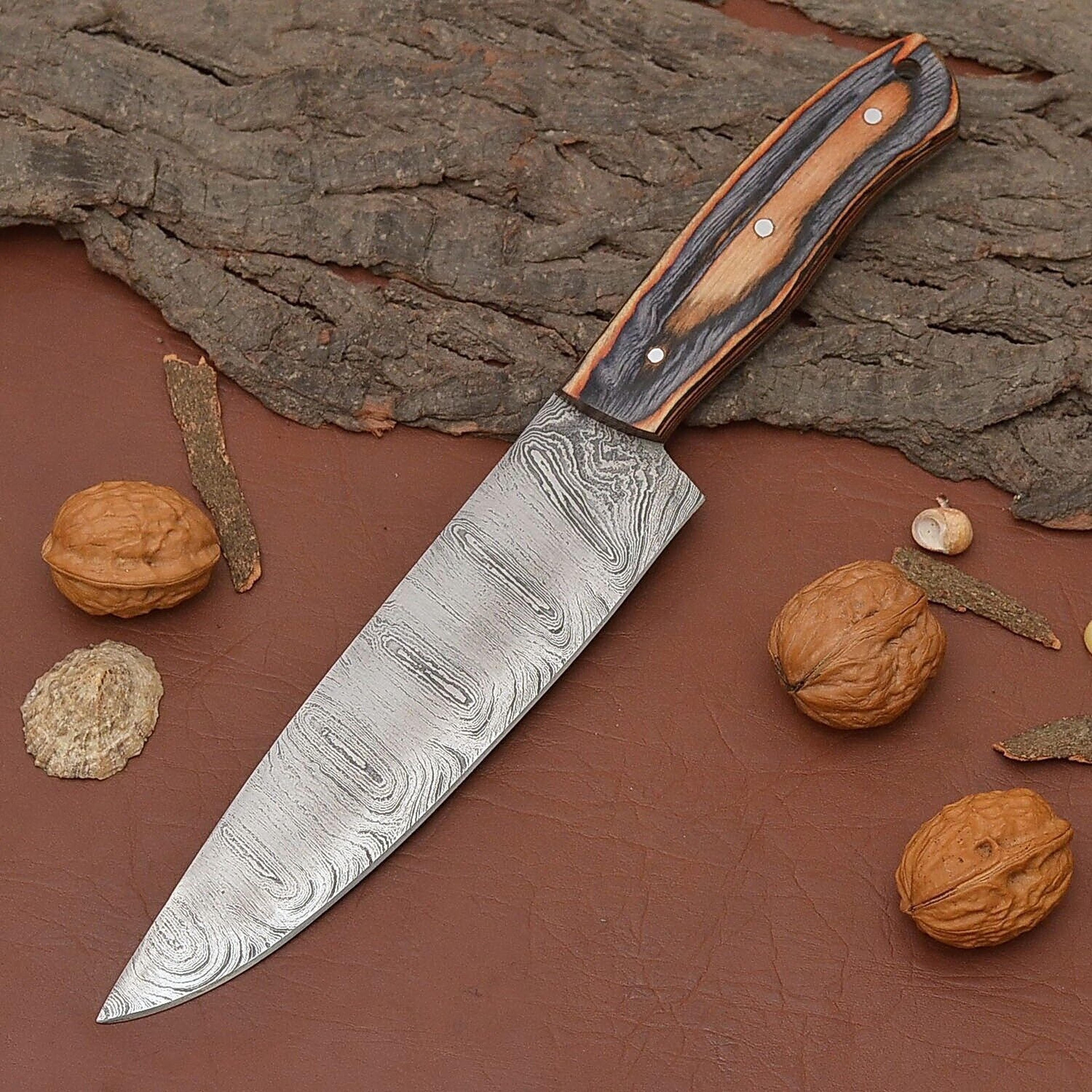 custom handmade damascus steel fillet knife – 7" chef knife with pakka wood handle & leather sheath