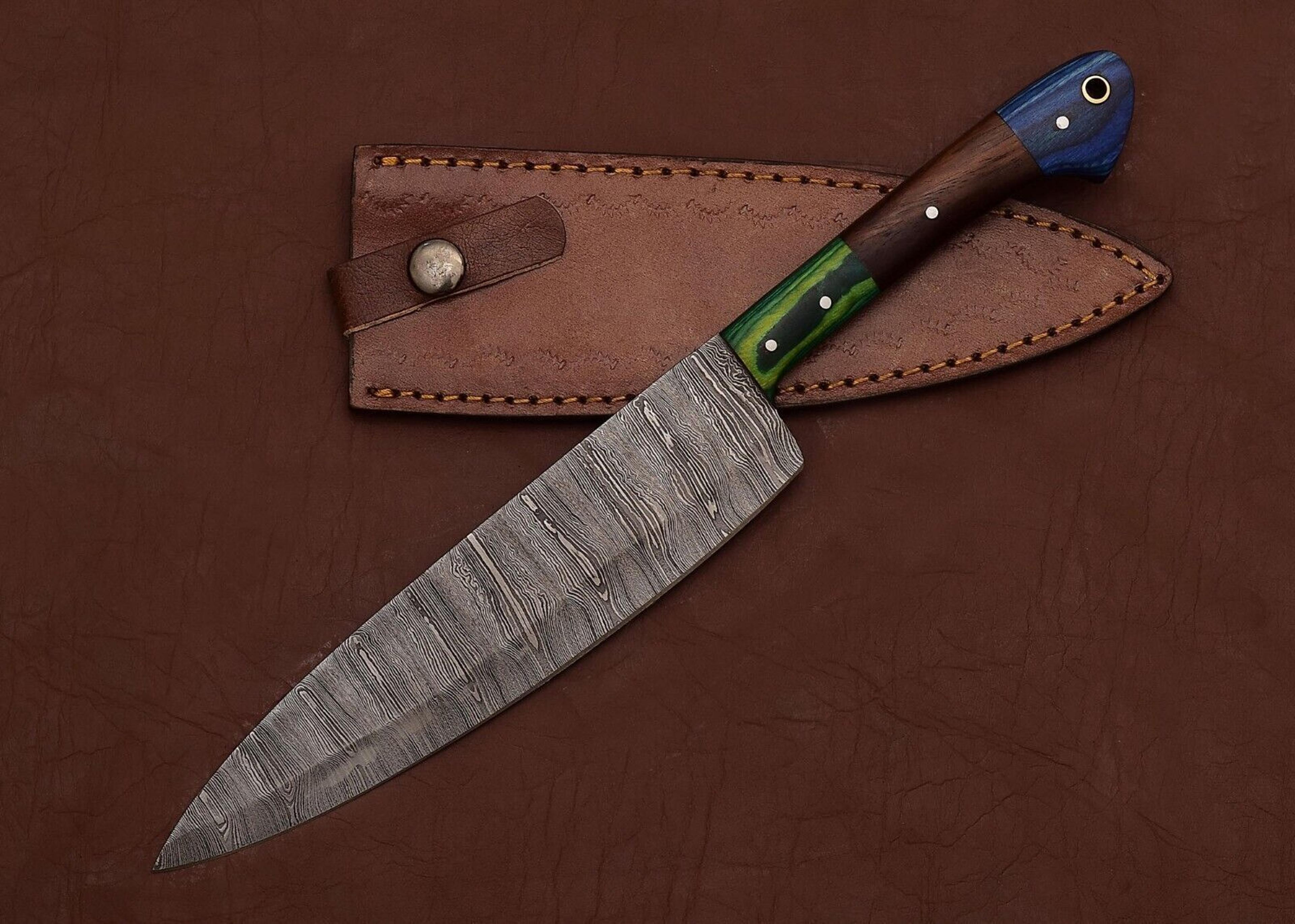 handmade damascus steel fillet knife – 7" chef knife with pakka wood handle & leather sheath