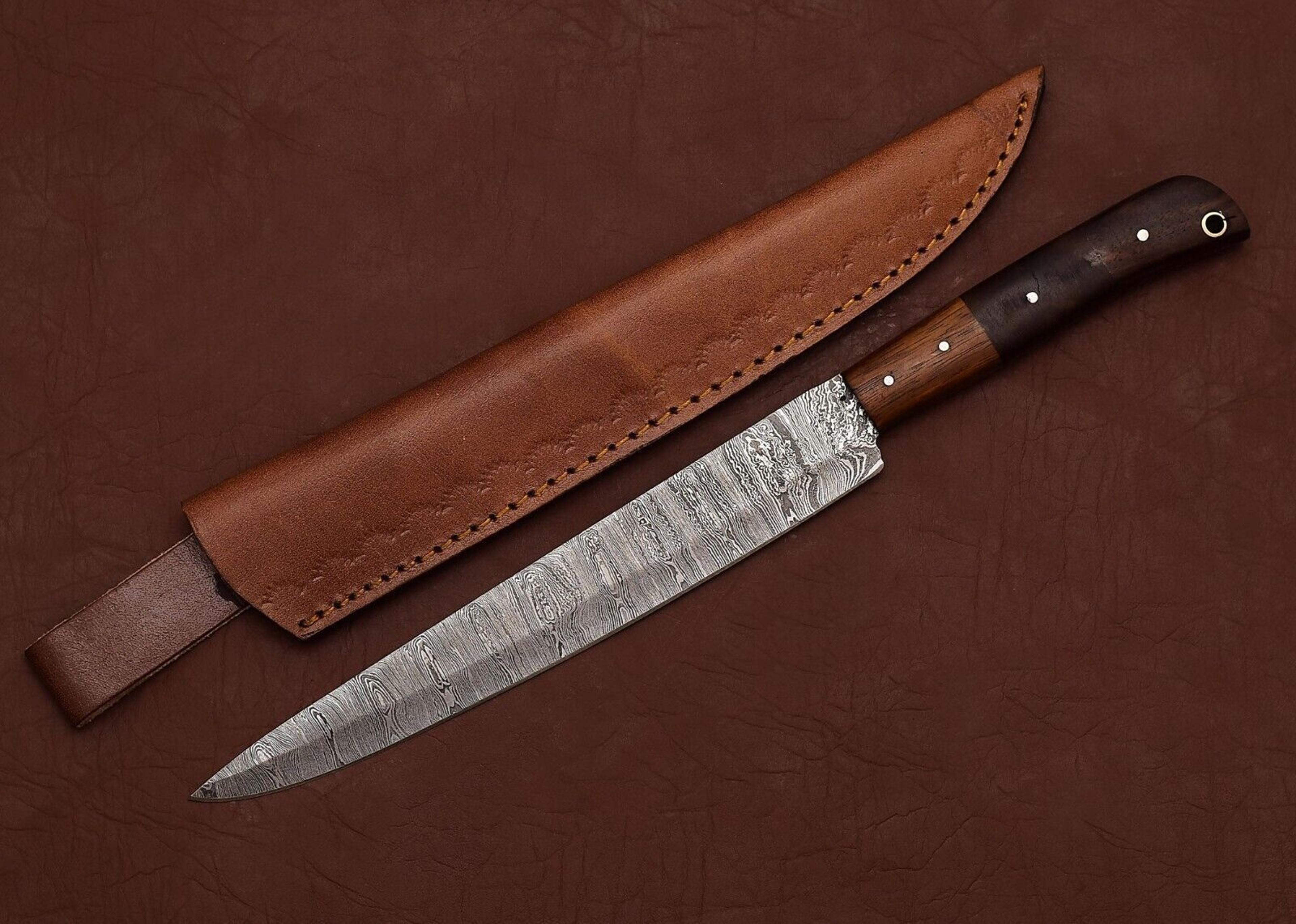 custom handmade damascus kitchen knife – 7 inch fillet blade with leather sheath