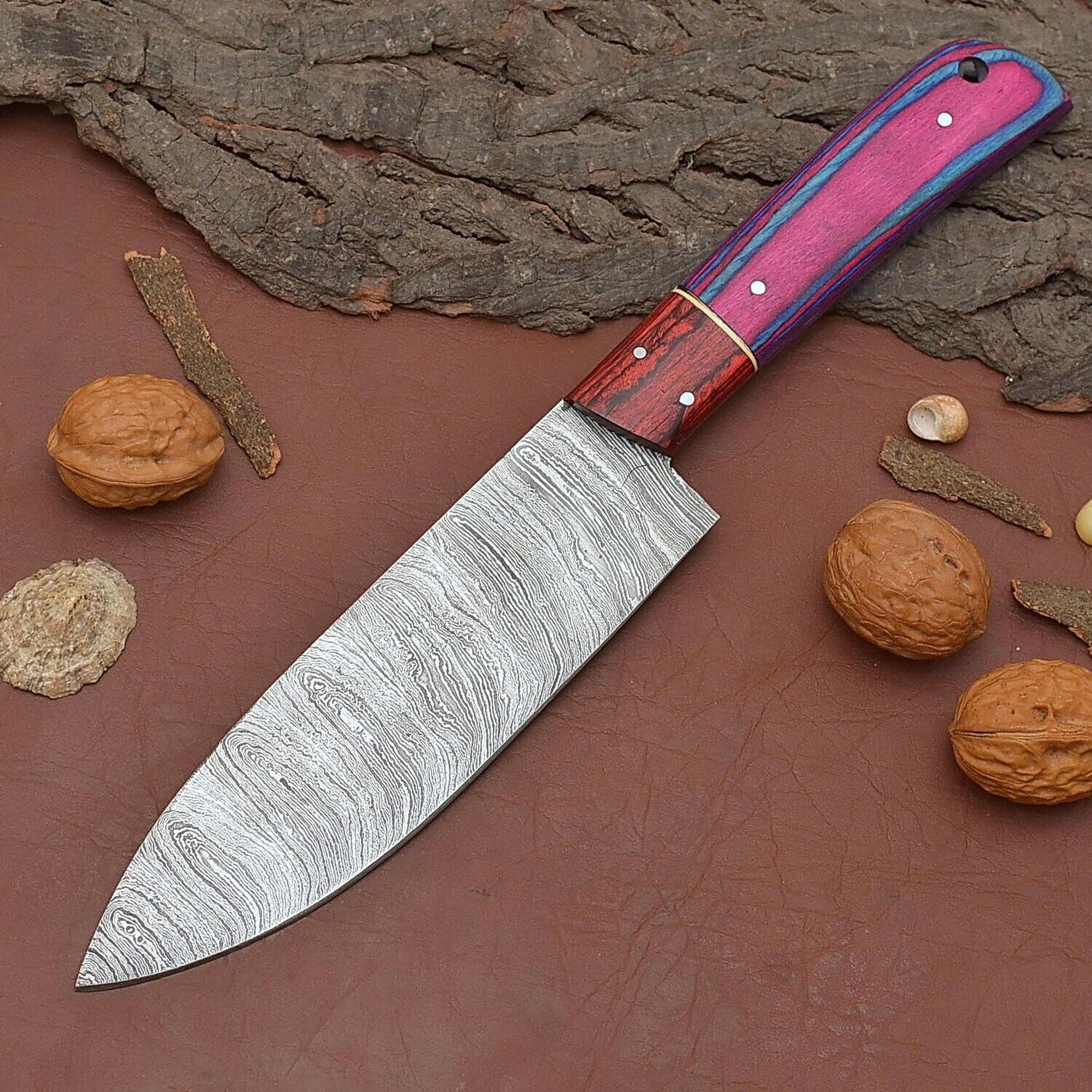 custom handmade damascus steel chef fillet knife with pakka wood handle and leather sheath