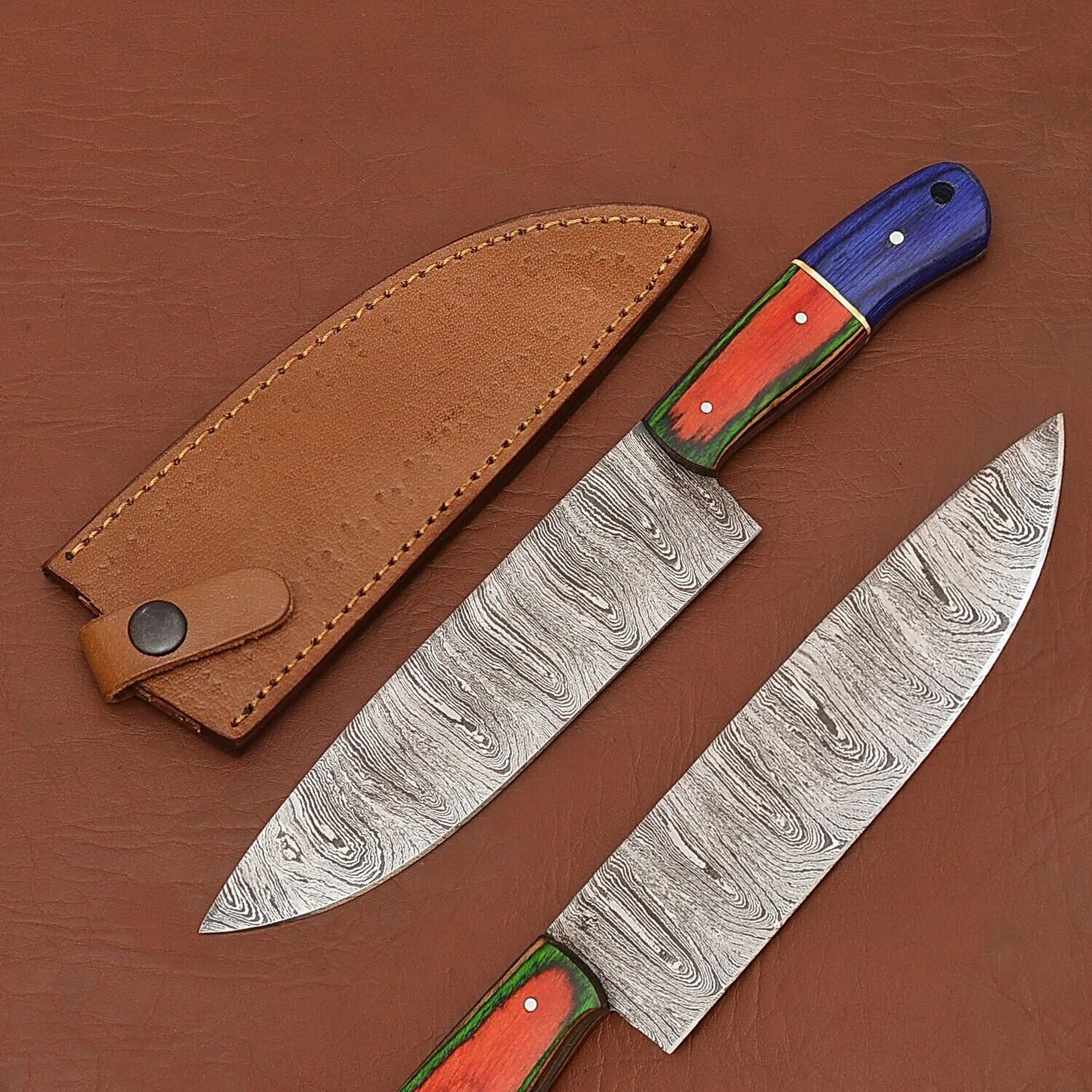 handmade damascus steel chef fillet knife with pakka wood handle & leather sheath – perfect for kitchen