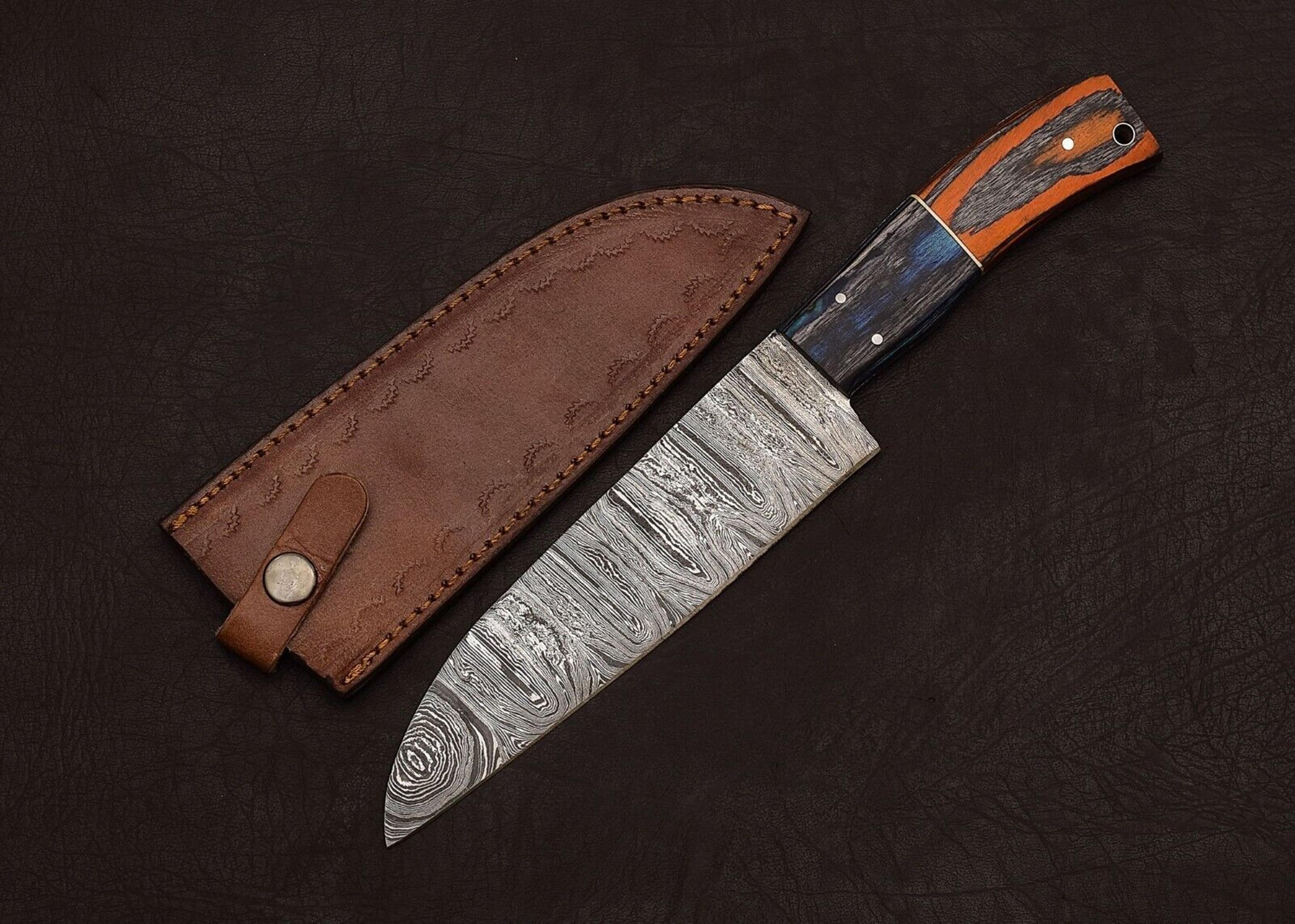 hand-forged damascus steel fillet knife | 12" custom chef knife with leather sheath & wooden handle