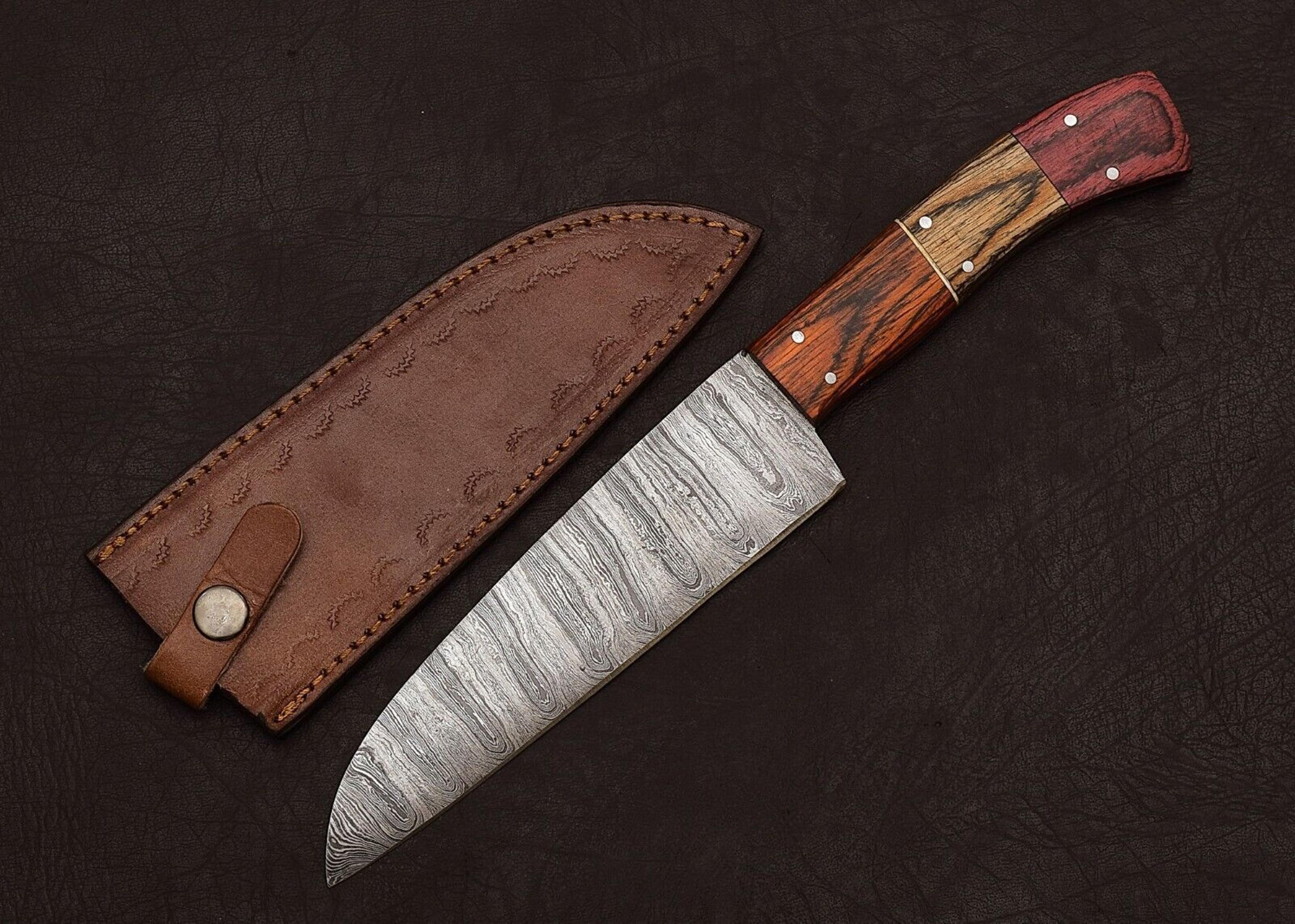 authentic handmade damascus steel kitchen knife with pakka wood handle & sheath