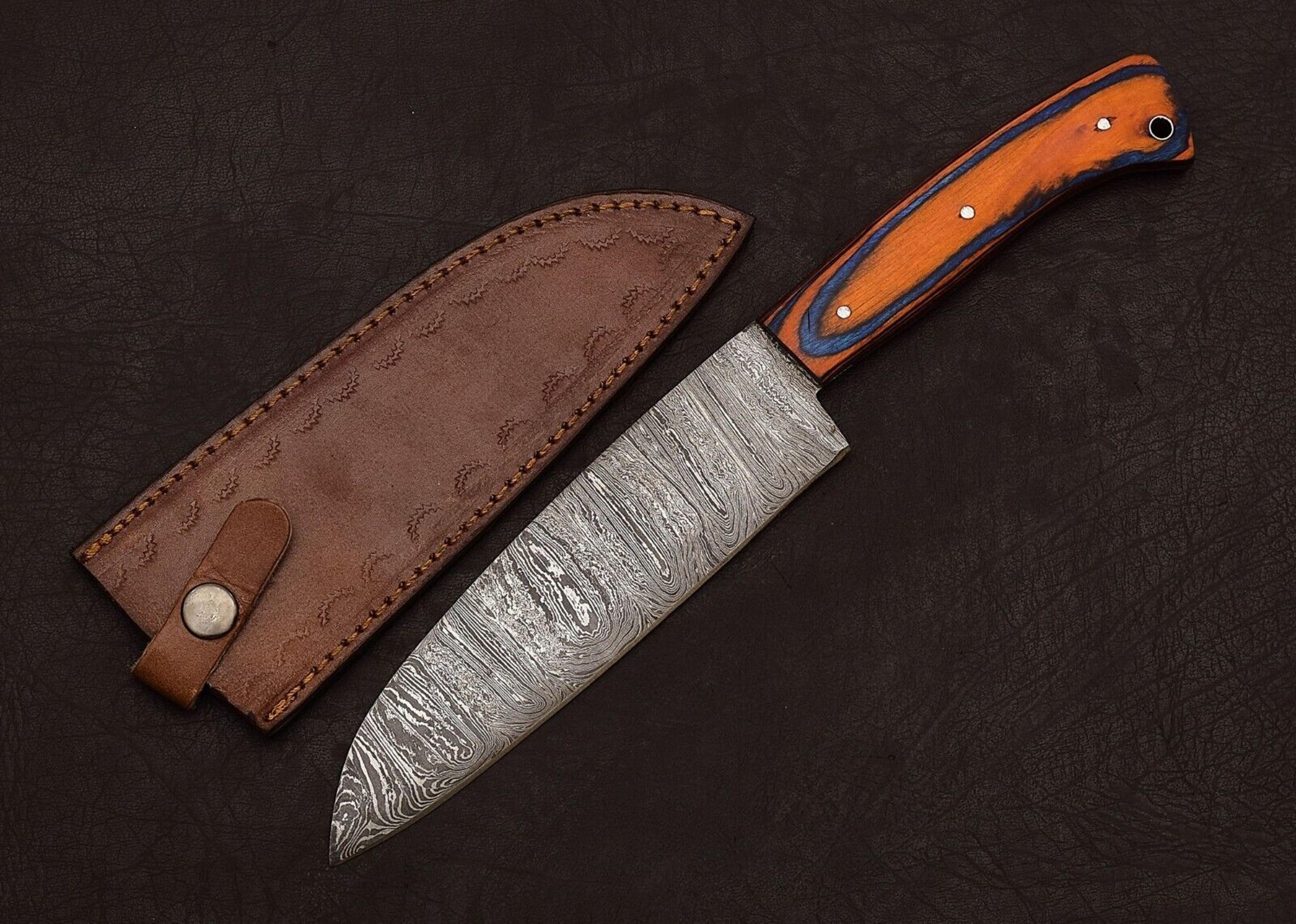 damascus steel fillet knife | custom handmade chef knife with leather sheath