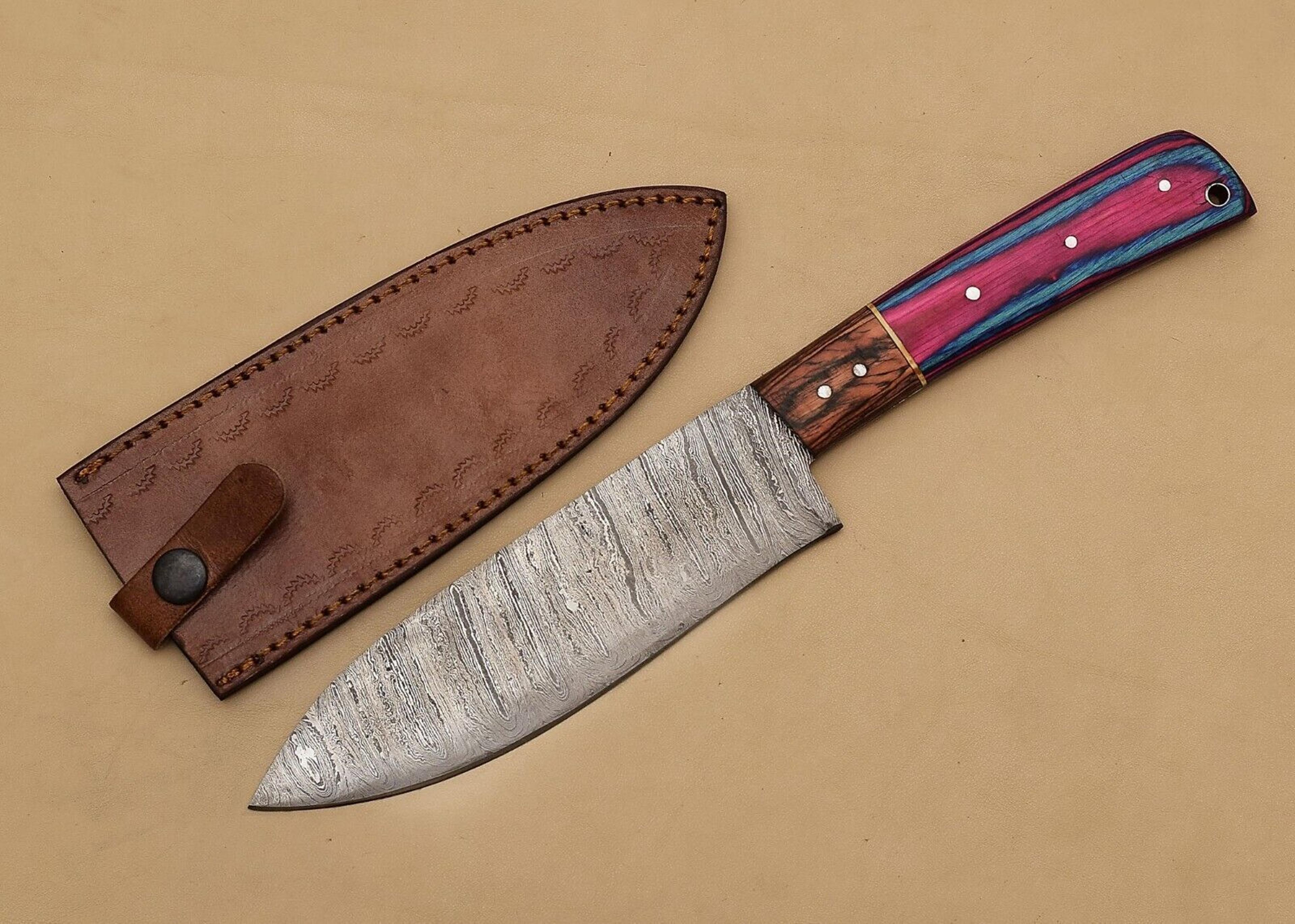 exclusive handmade damascus steel chef fillet knife with pakka wood handle & leather sheath