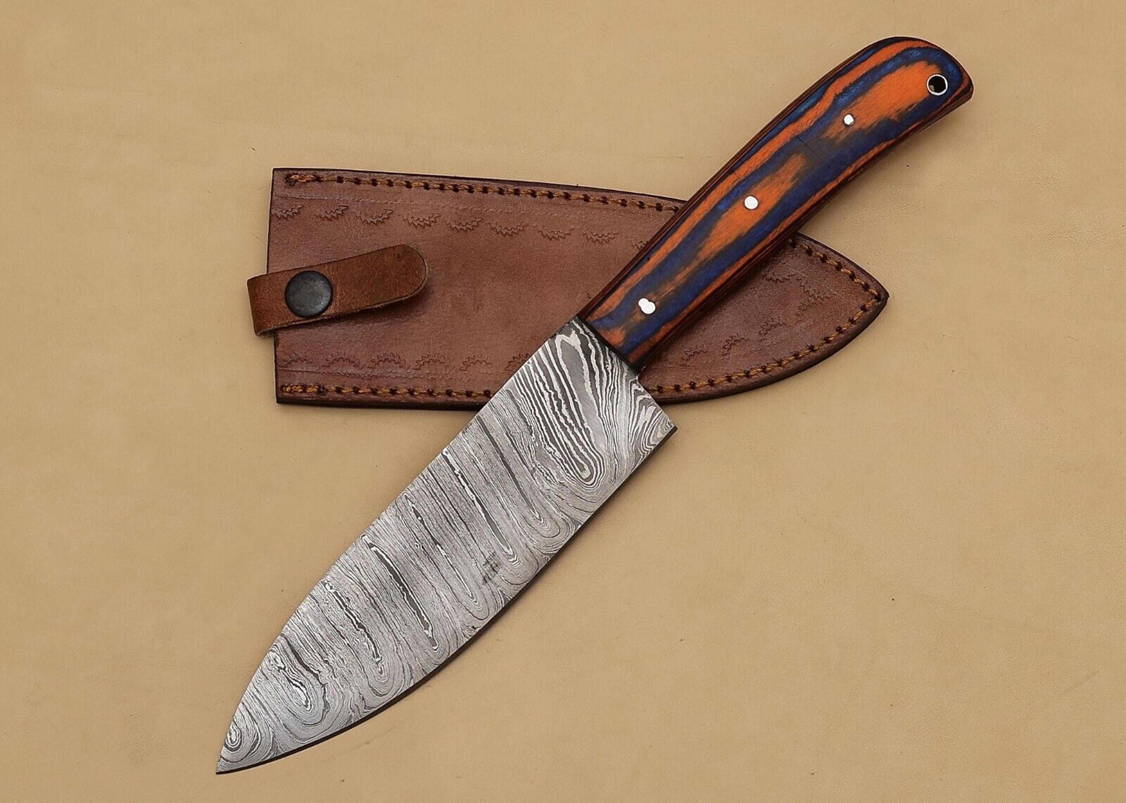 custom damascus steel kitchen fillet knife – hand-forged chef knife with leather sheath