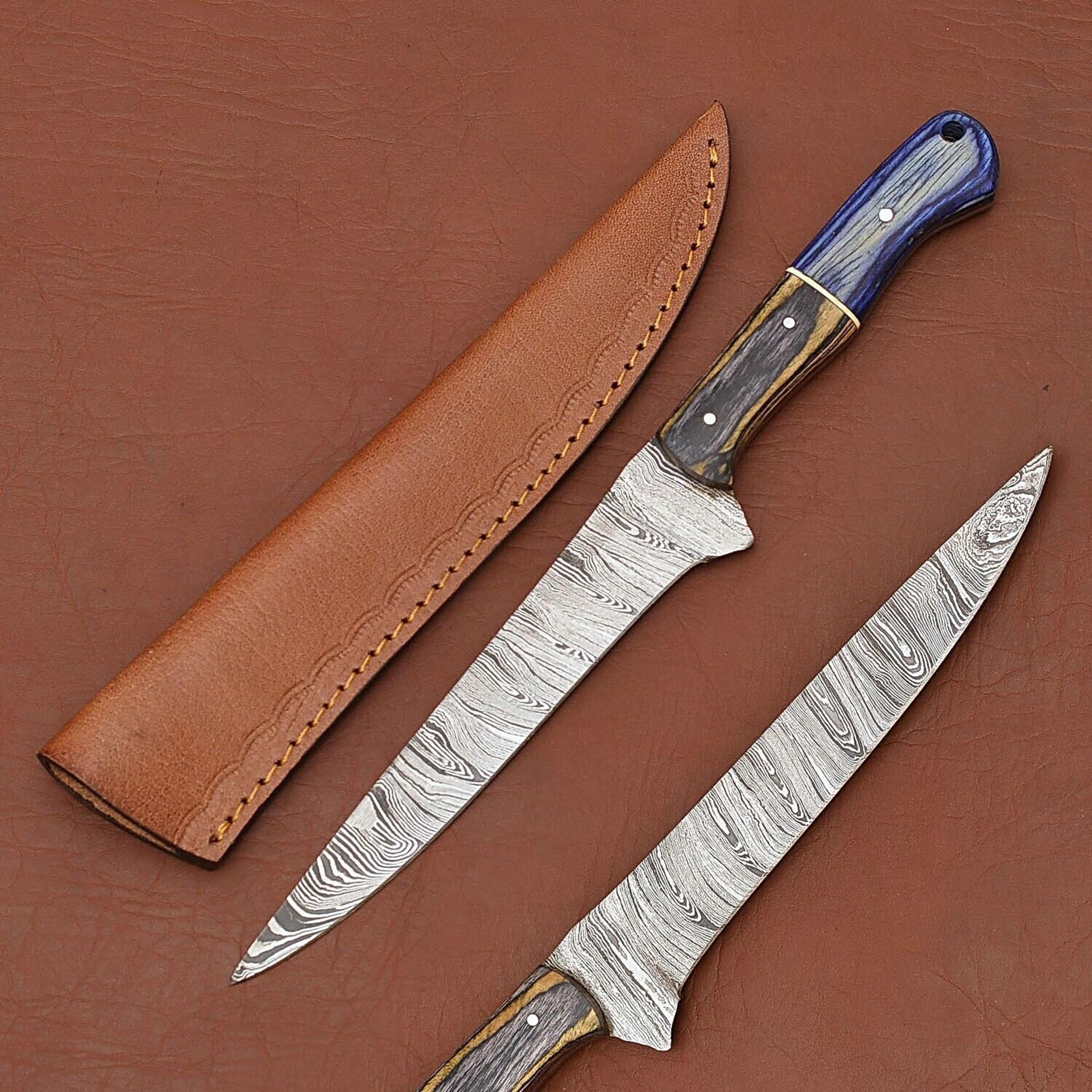 custom handmade damascus steel knife – luxury chef fillet blade with leather sheath
