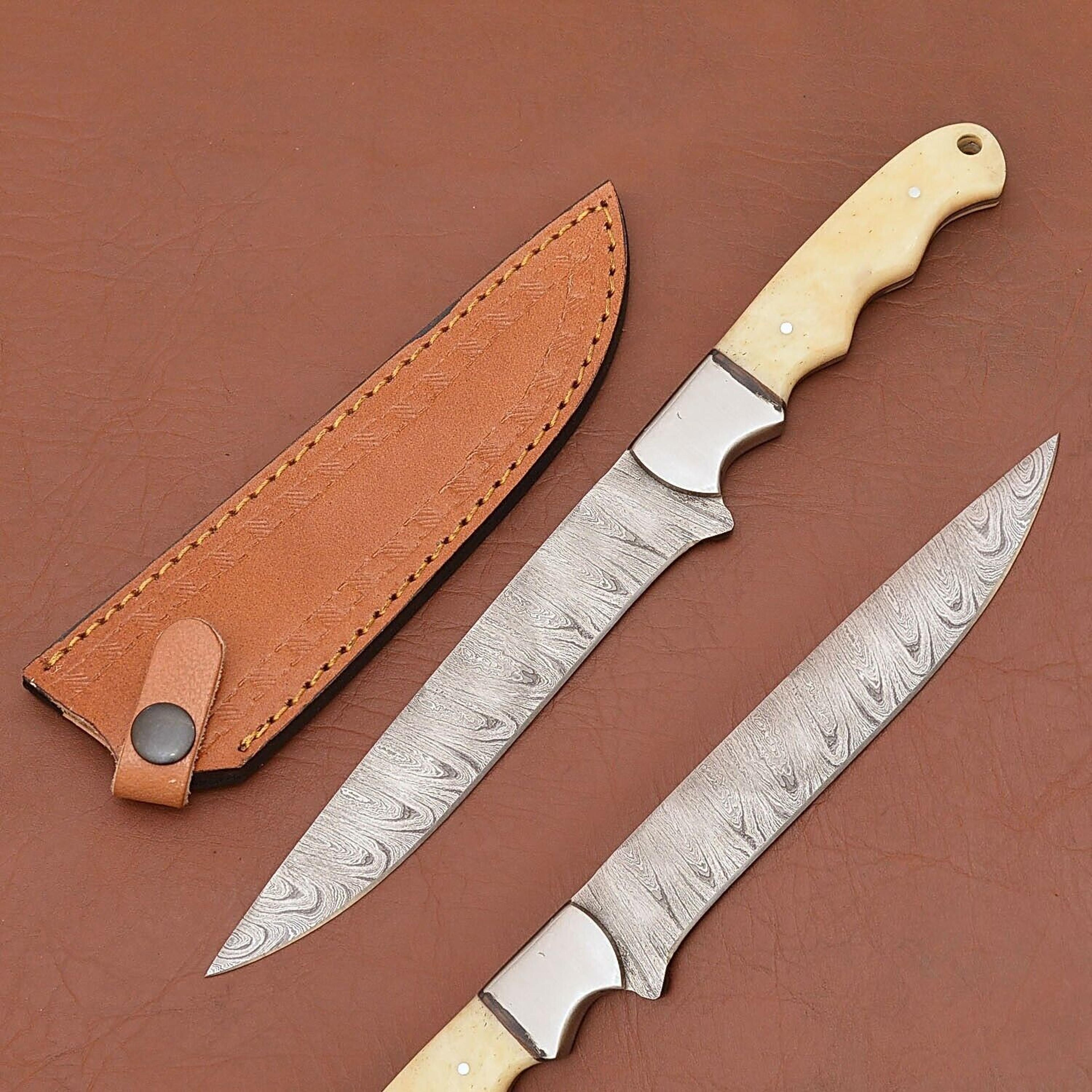 custom handmade damascus steel chef fillet knife with camel bone handle and leather sheath