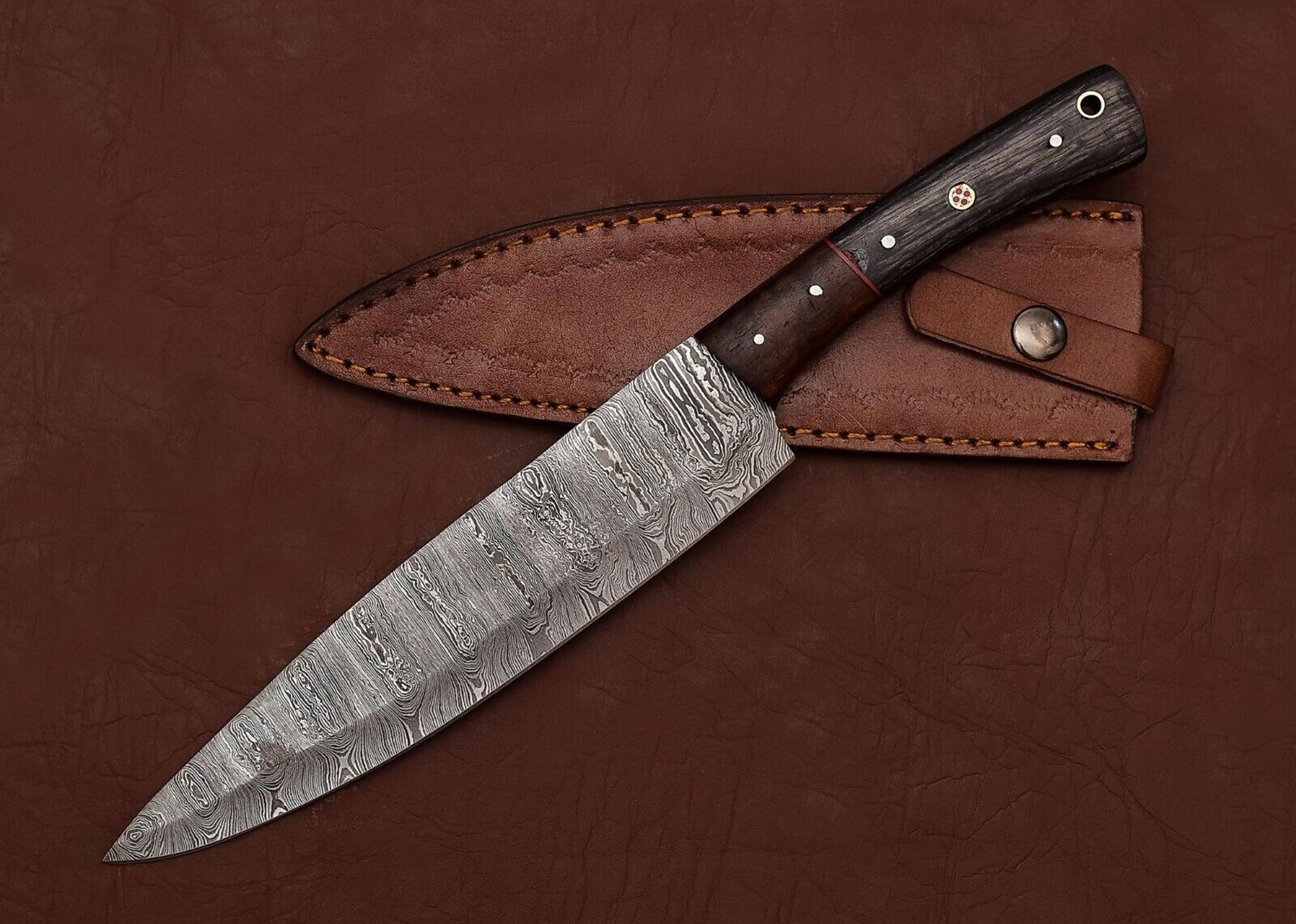 the culinary artisan damascus knife – custom handmade with leather sheath
