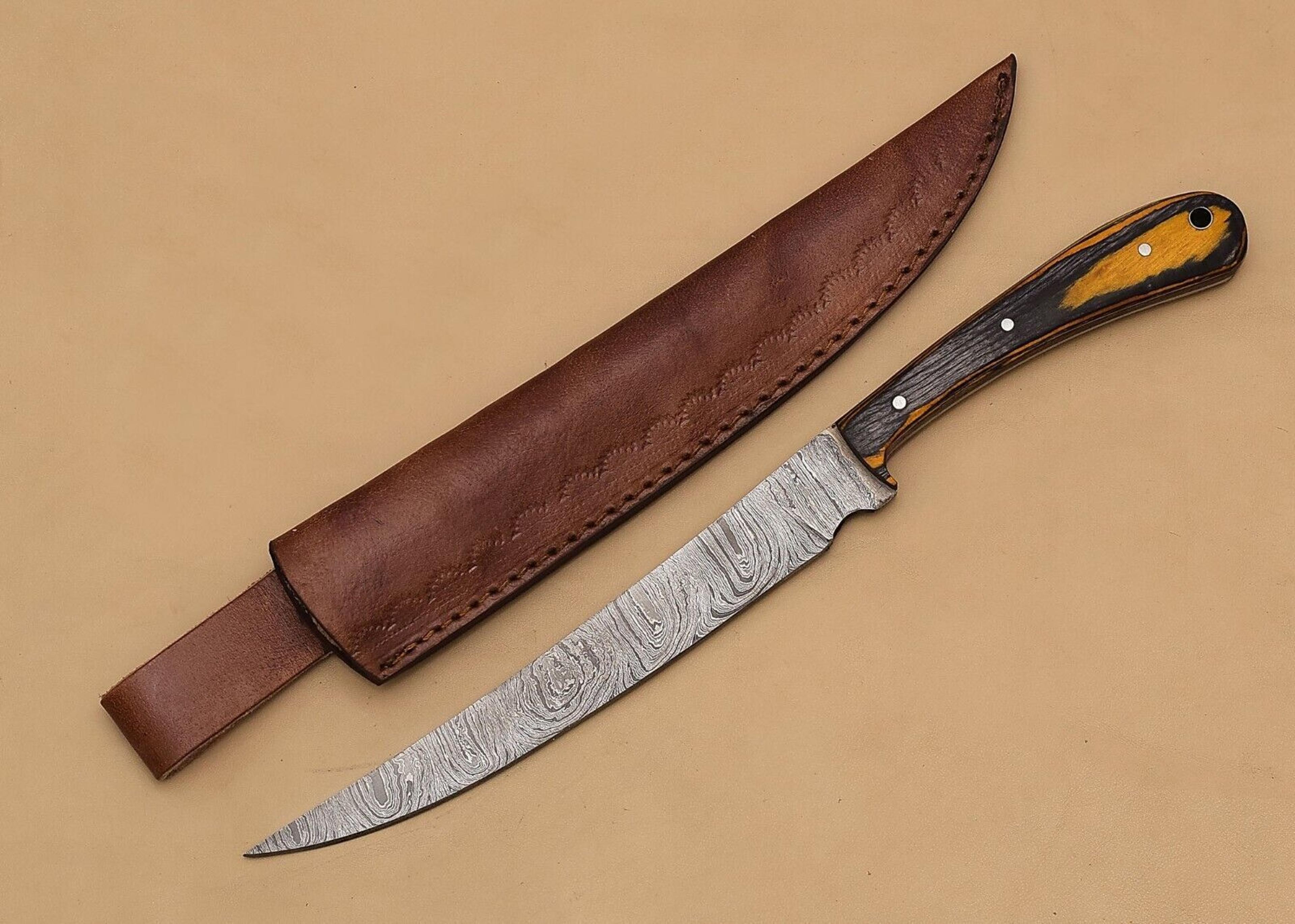 hand-forged damascus chef fillet knife – exquisite wood handle & leather sheath