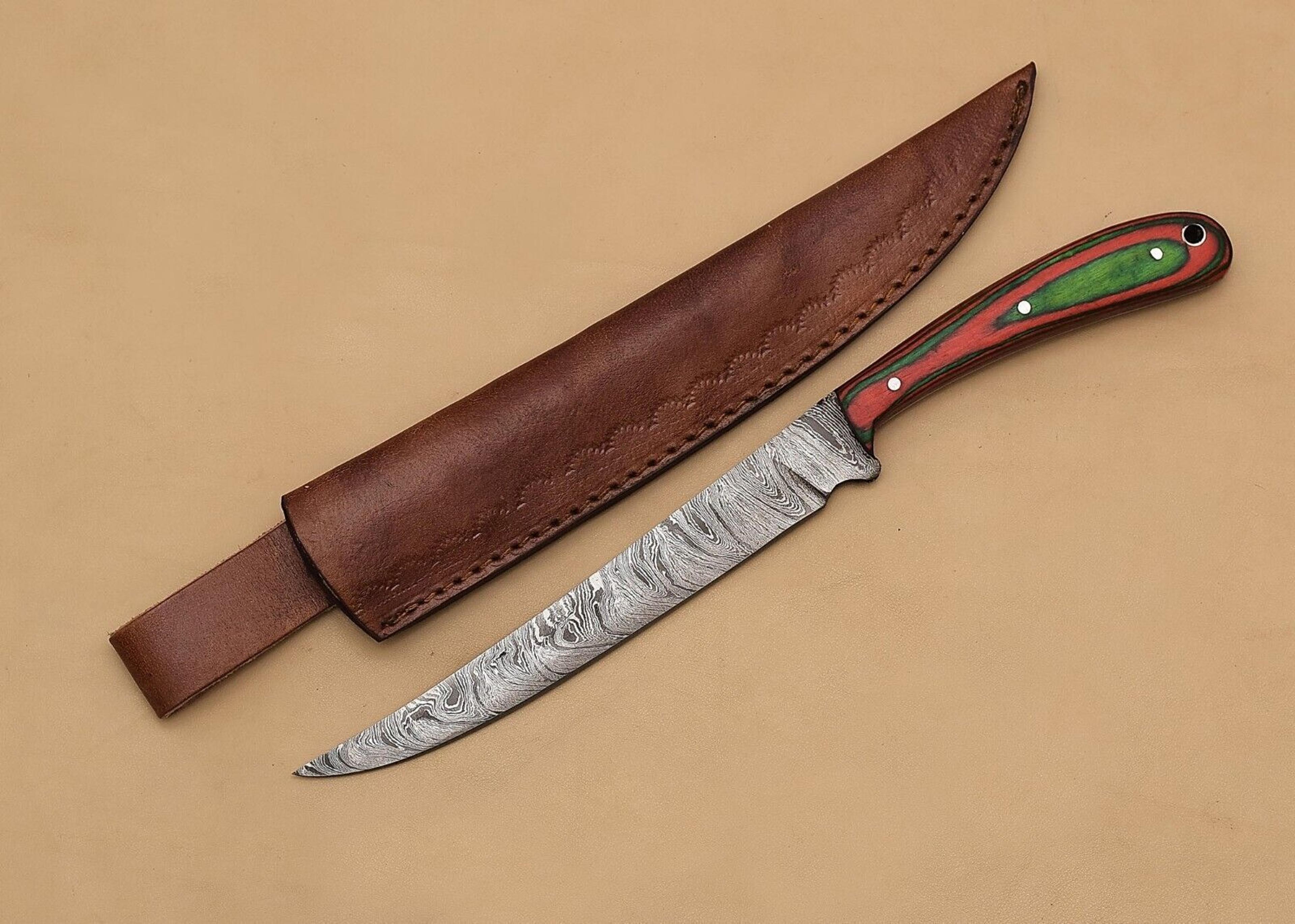 custom handmade damascus steel kitchen chef fillet knife with pakka wood handle and leather sheath