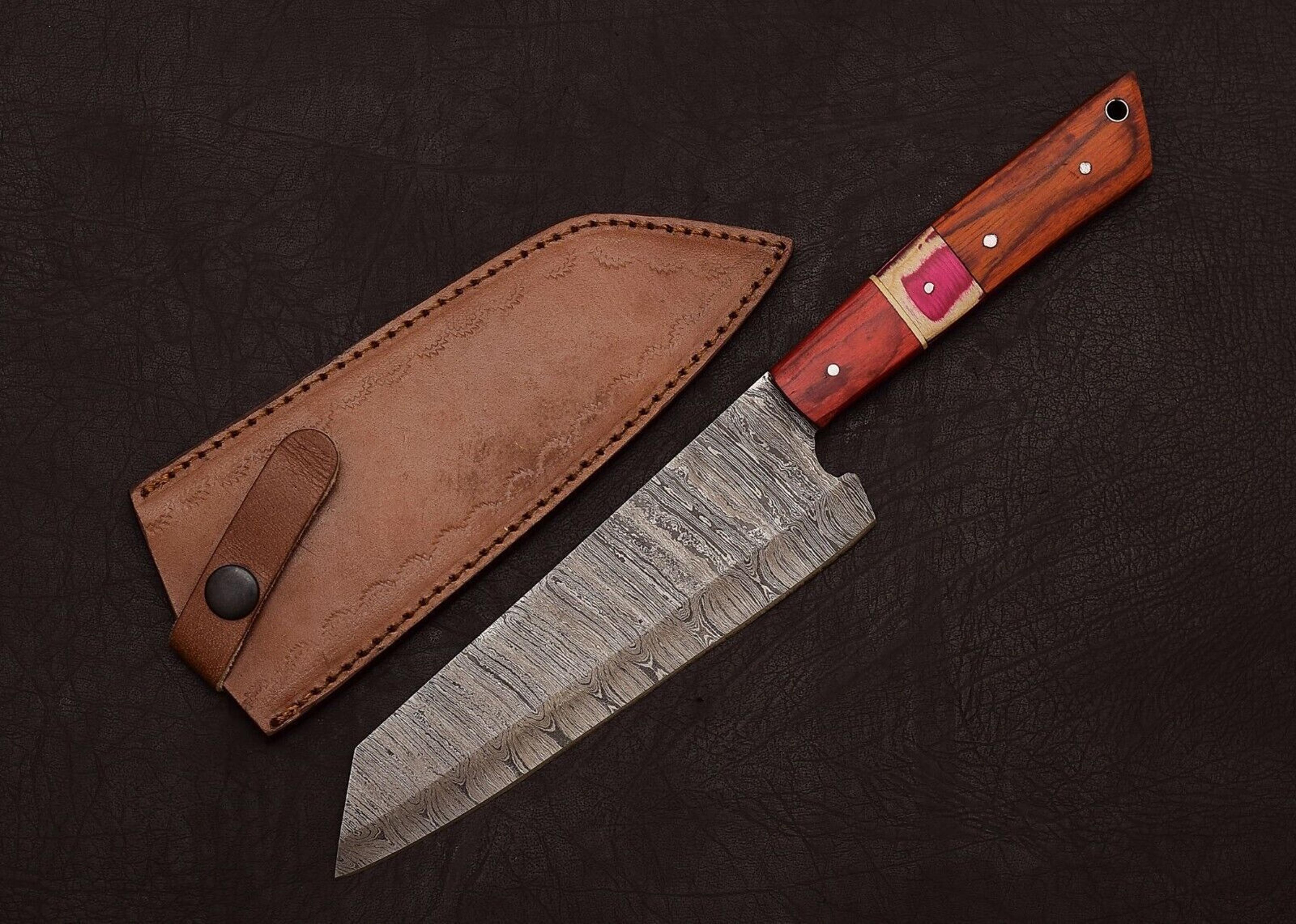 damascus steel hunting & chef knife – custom 8" blade with leather sheath