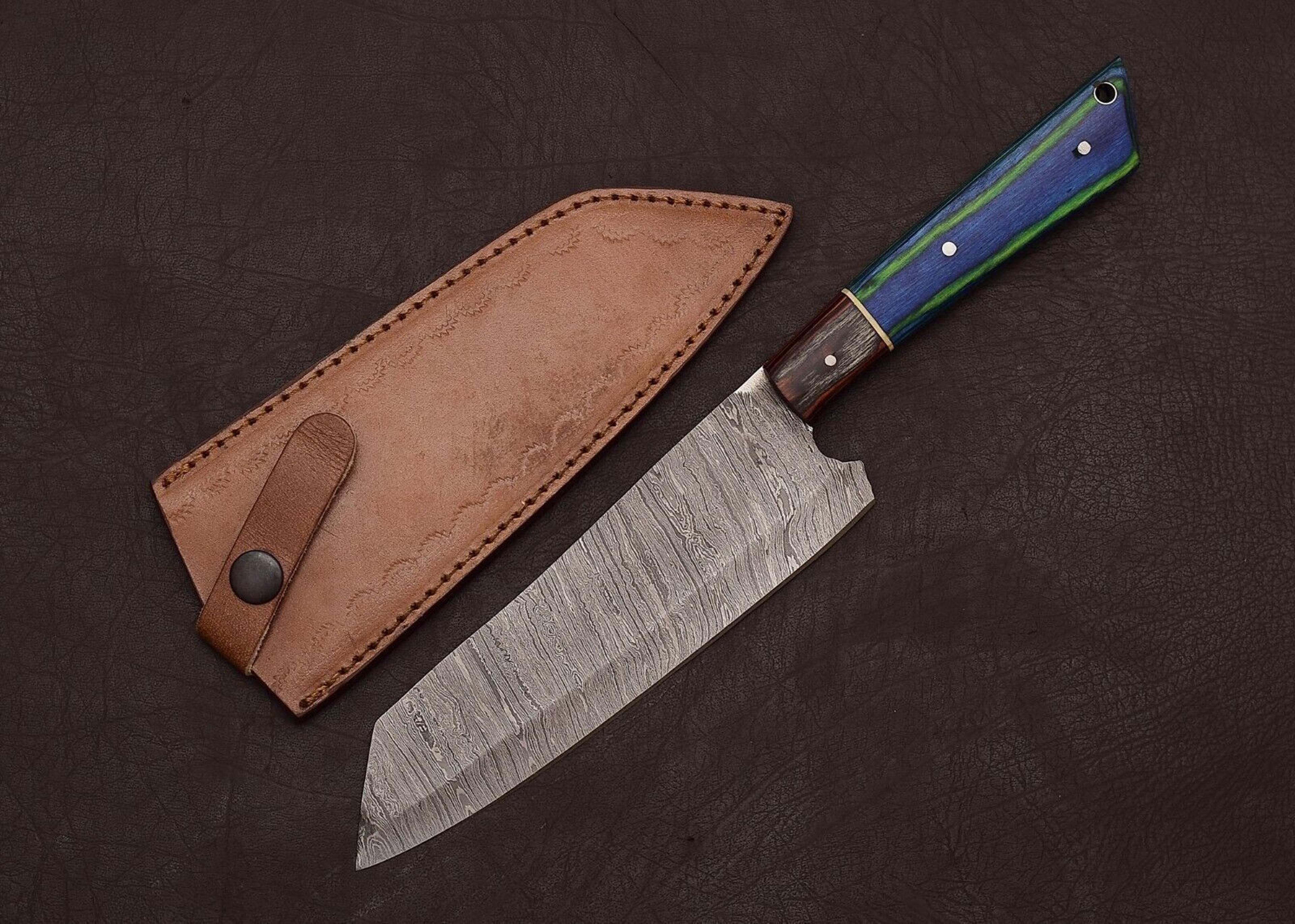 damascus steel kitchen fillet knife – custom handmade with leather sheath