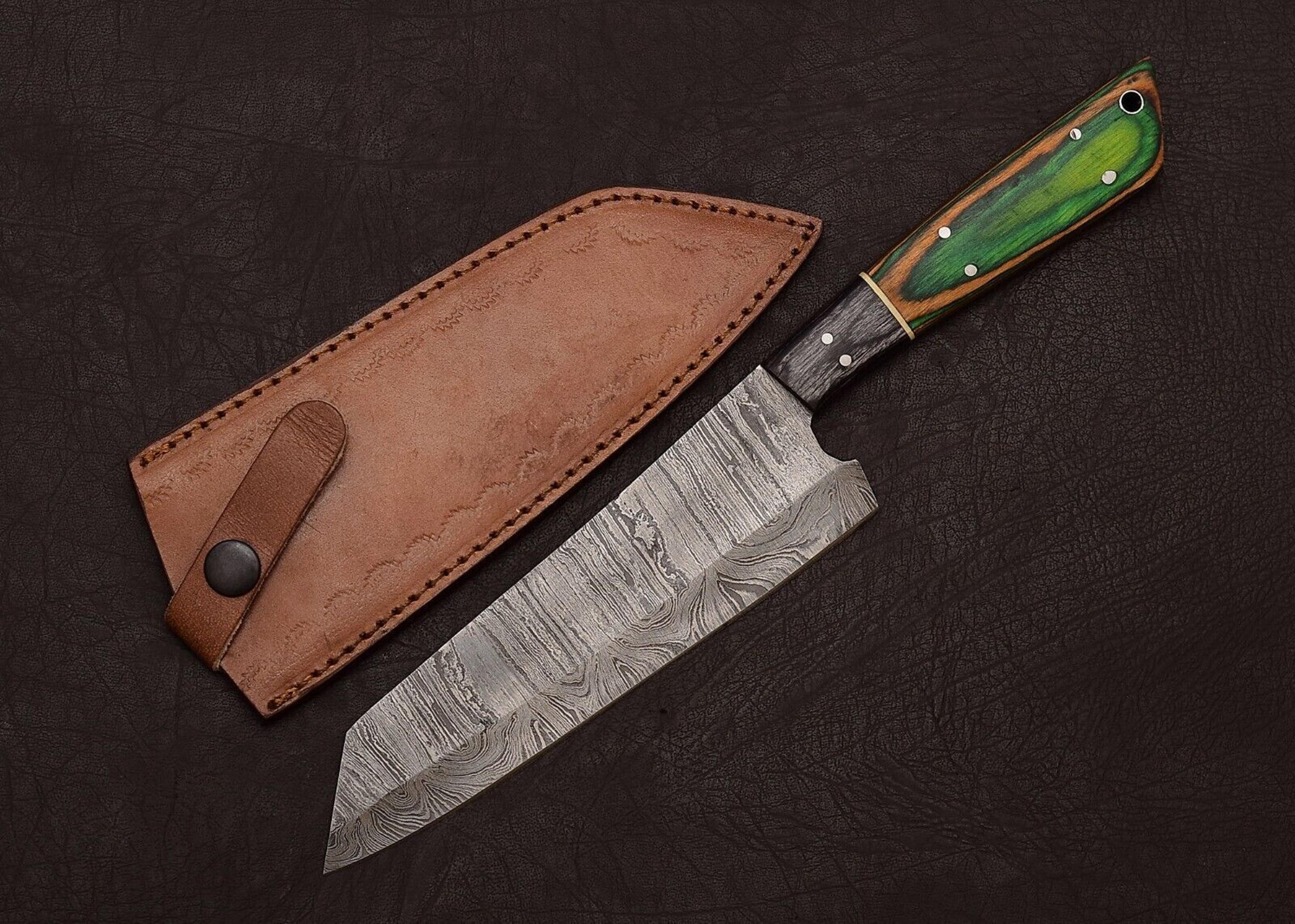 hand-forged damascus steel hunting knife – fillet chef knife with leather sheath