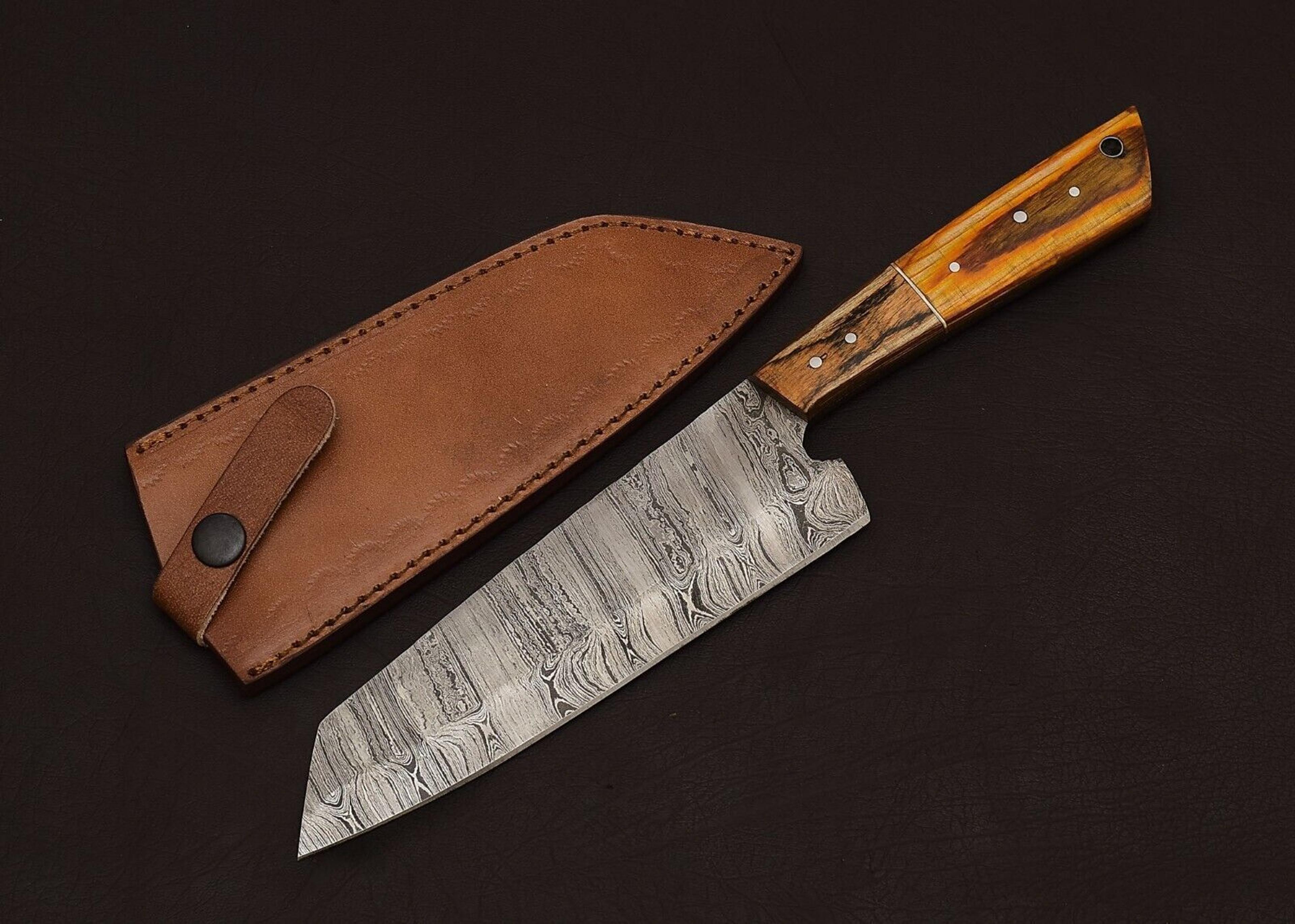 damascus steel precision chef knife – handcrafted fillet blade with leather sheath