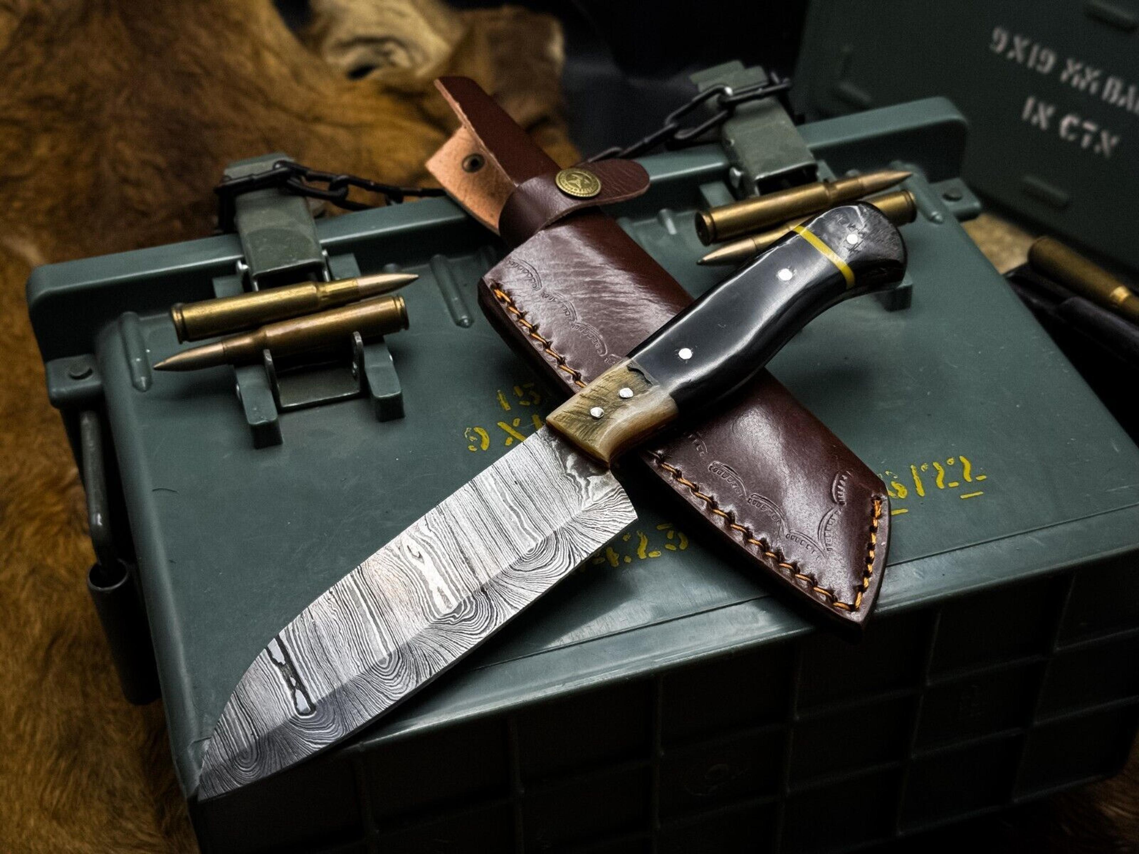 handmade damascus steel kitchen chef knife with ram horn handle and cow leather sheath