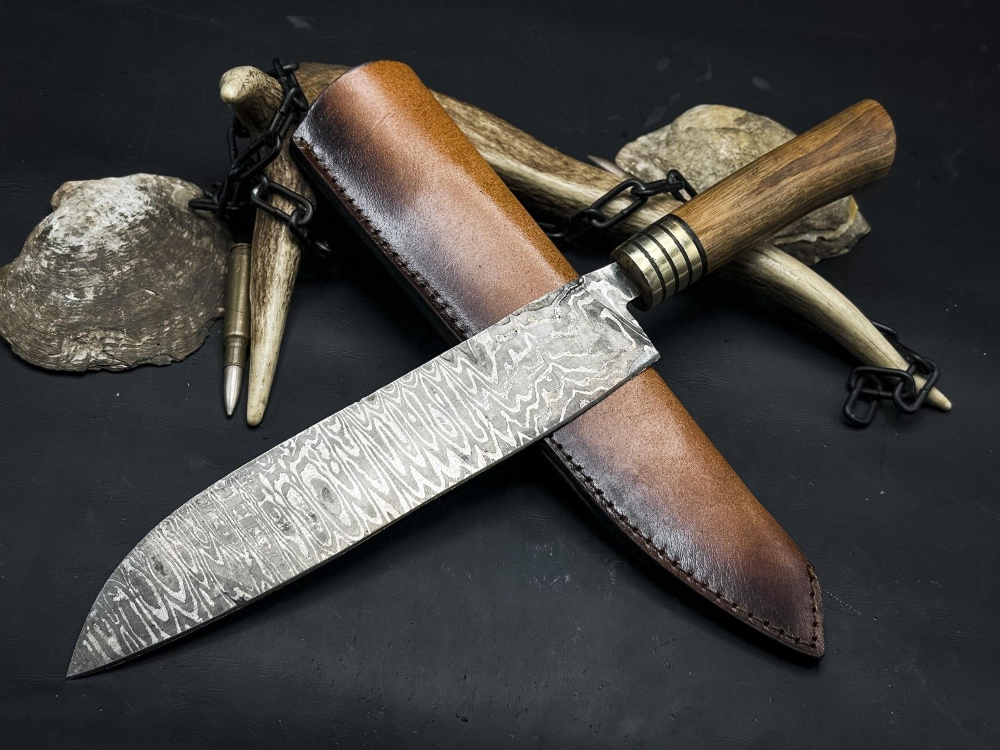 premium handmade damascus steel cooking knife with wood grip & cowhide sheath