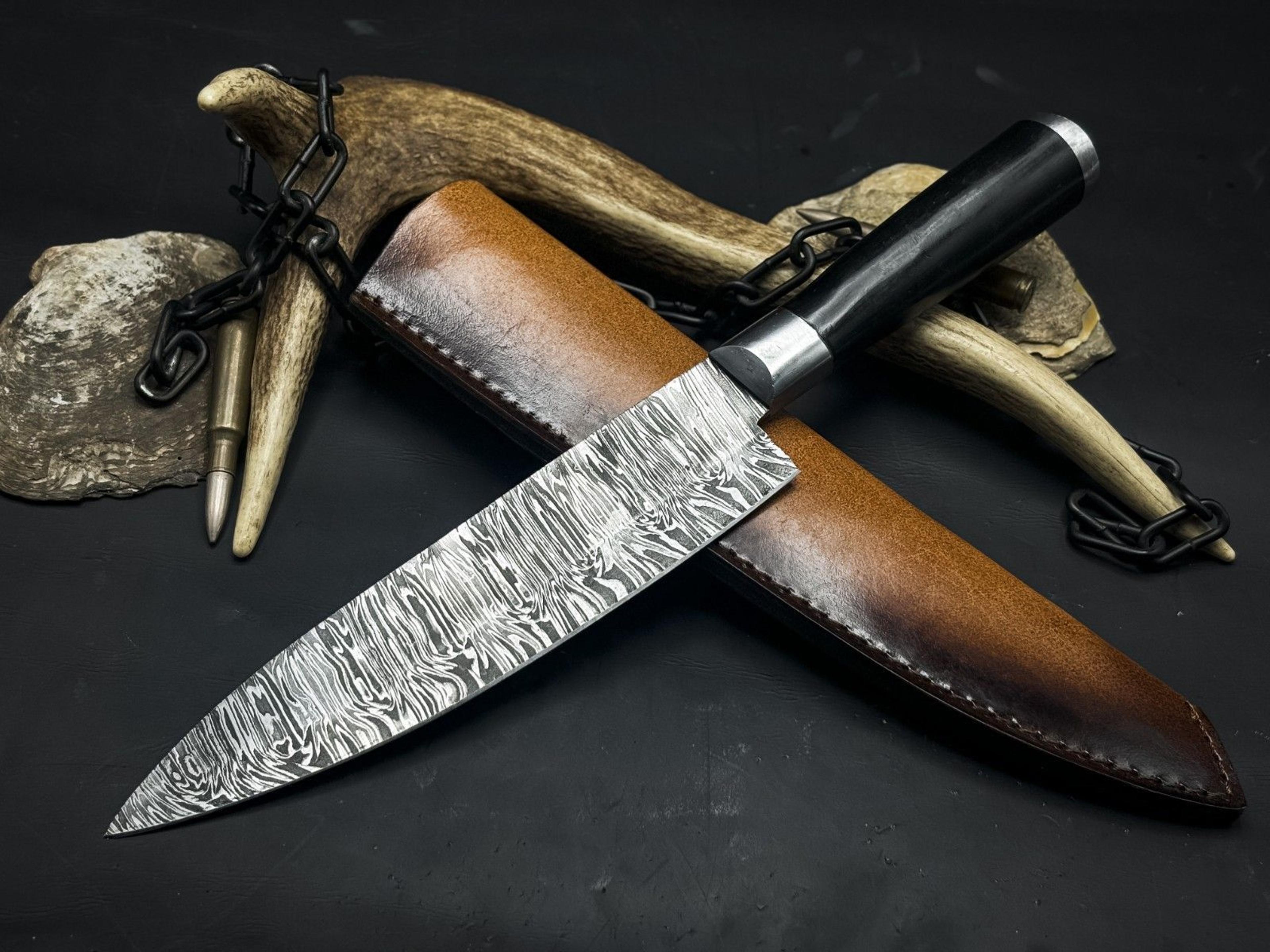 handcrafted damascus steel chef knife with natural wooden handle & sheath