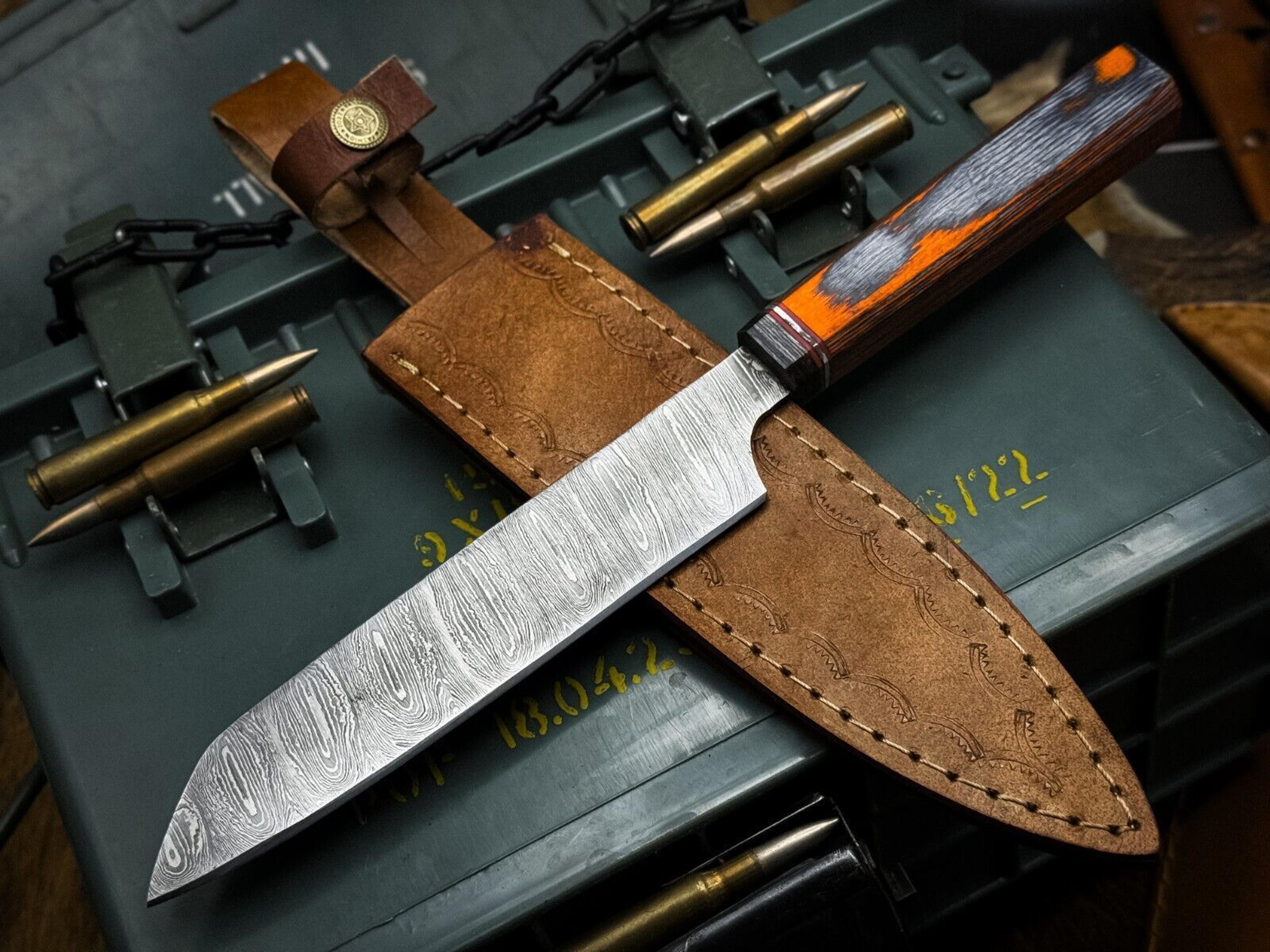 exquisite damascus steel kitchen knife with polished wood handle & leather cover