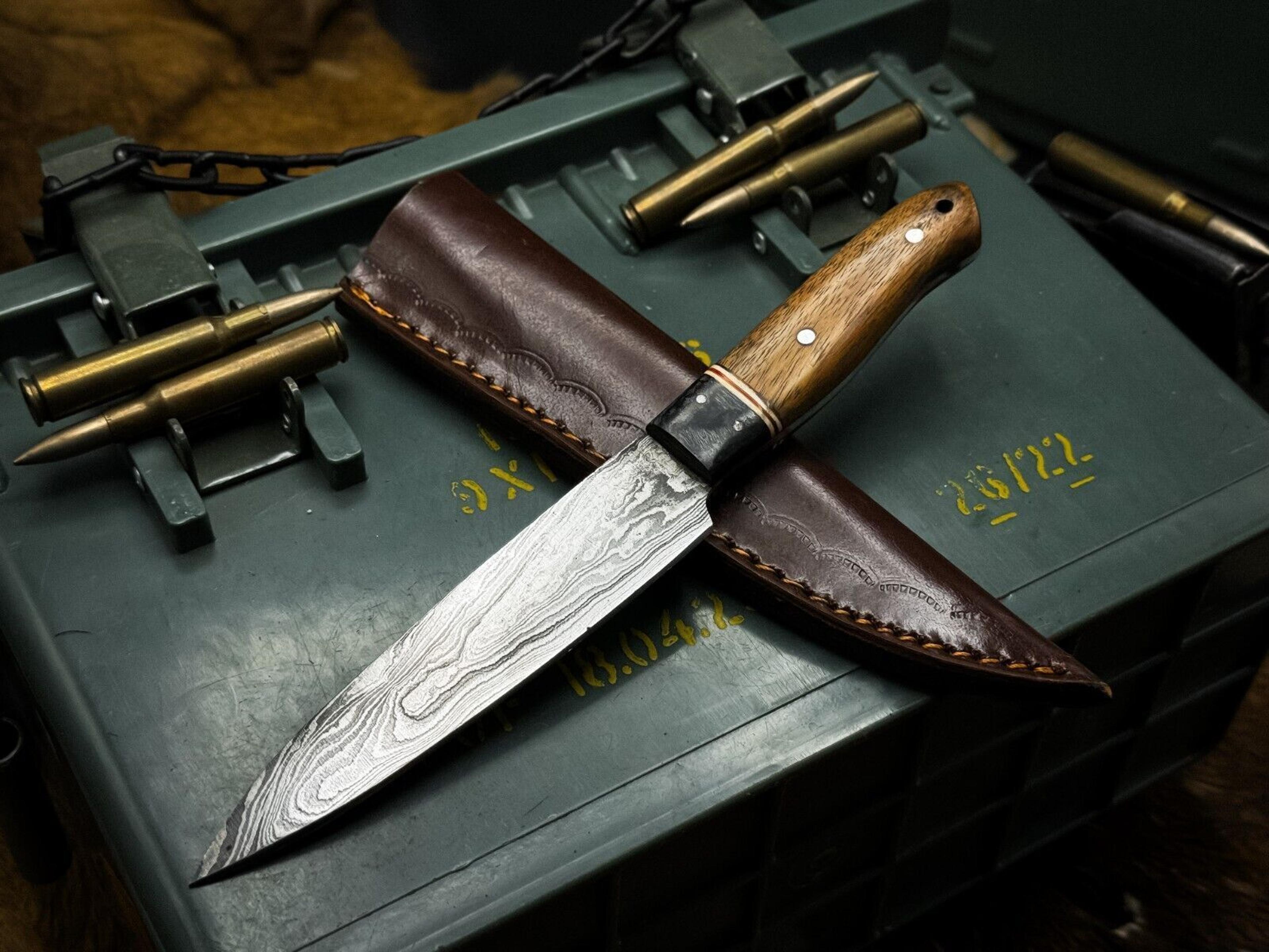 custom handmade damascus chef knife with wood handle & cow leather case