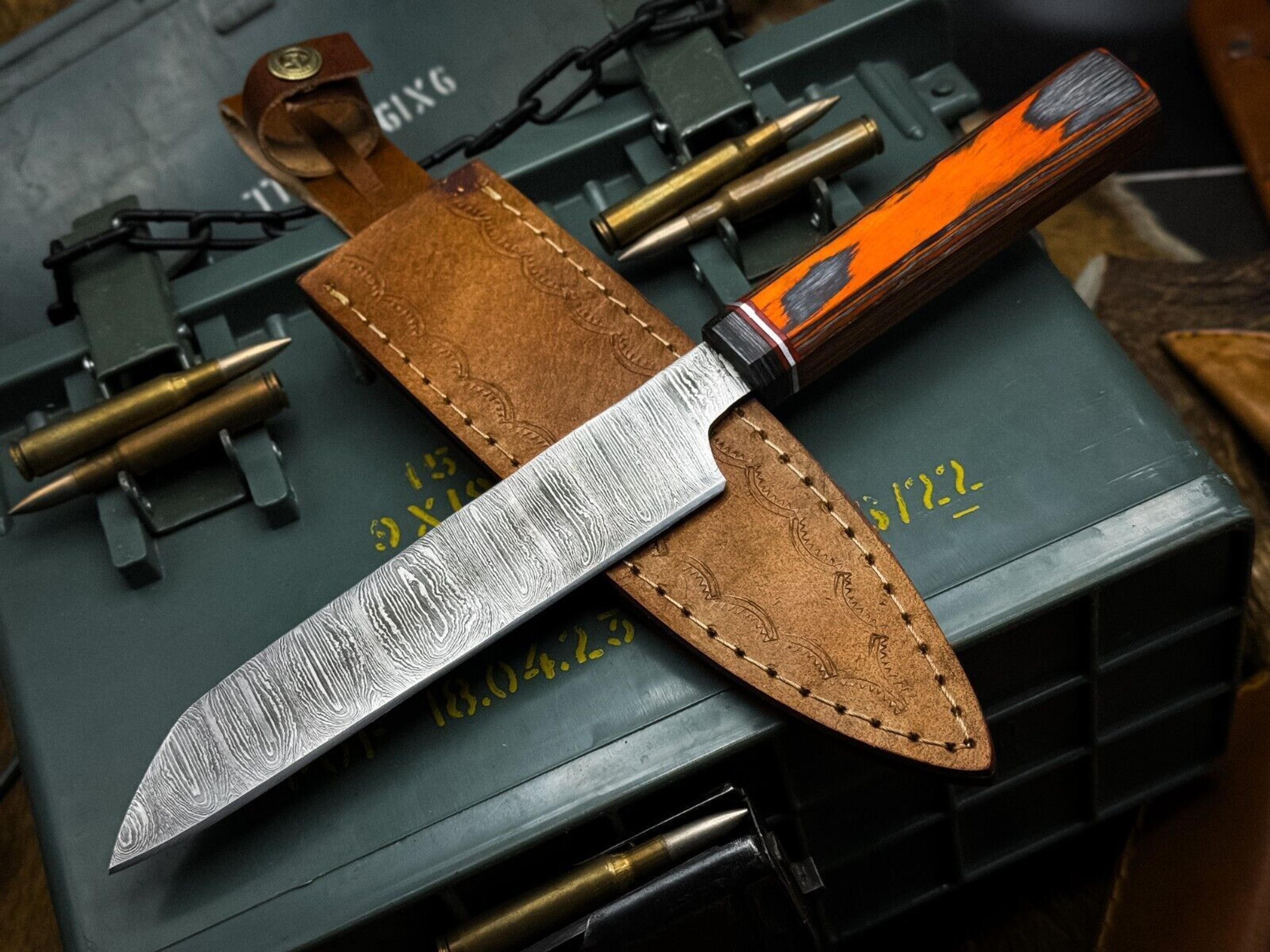professional handmade damascus chef knife with wood handle & cowhide sheath