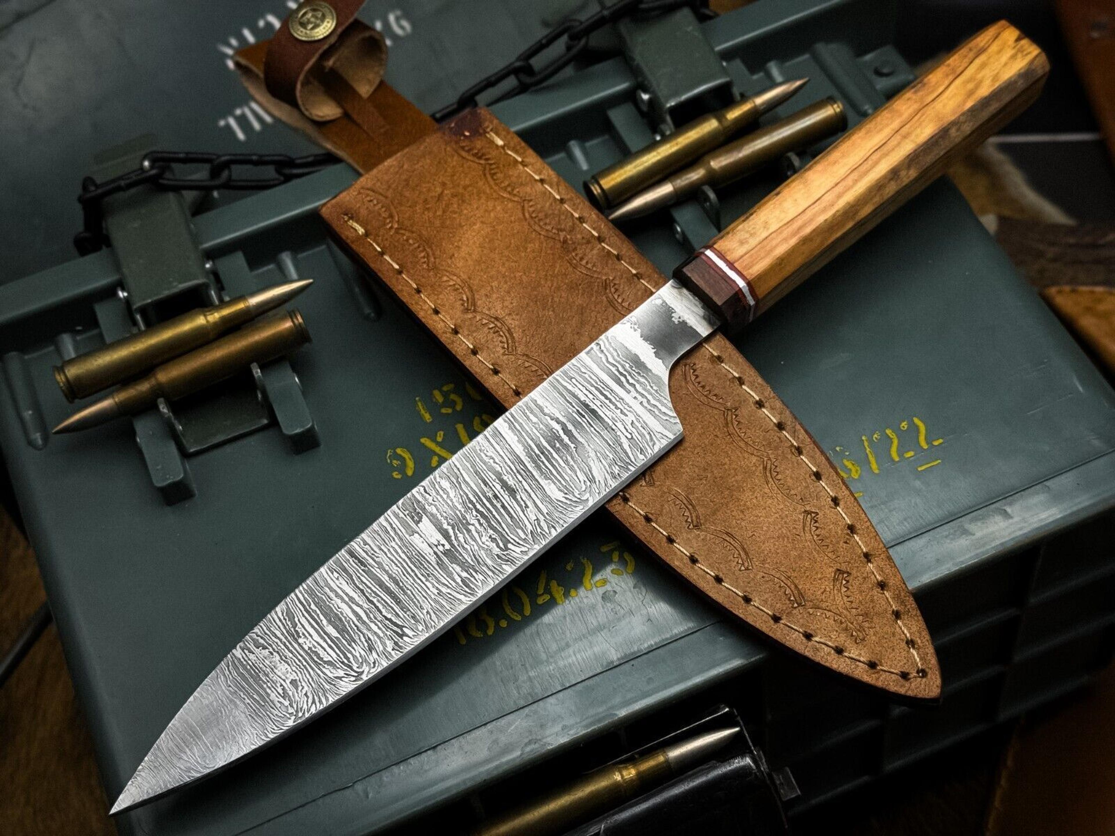 artisan damascus steel knife – wooden handle with original cow leather sheath